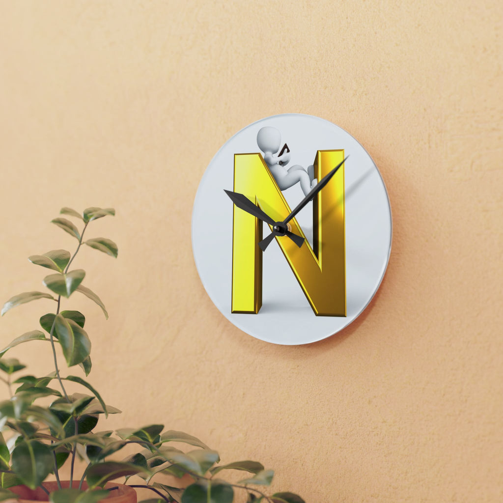 Gold Letter N with Climbing Figure Acrylic Wall Clock | Monogram Initial Decor