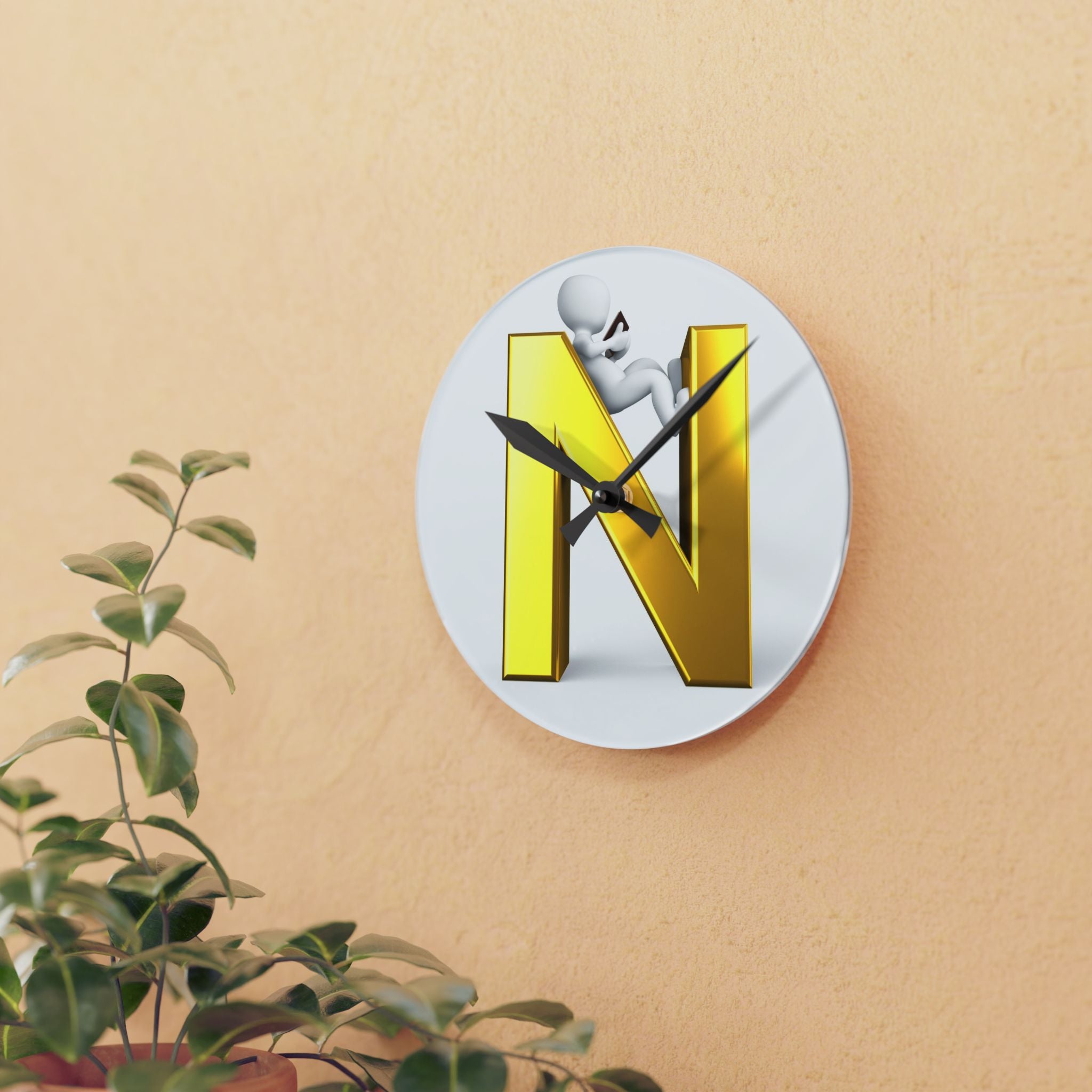 Gold Letter N with Climbing Figure Acrylic Wall Clock | Monogram Initial Decor