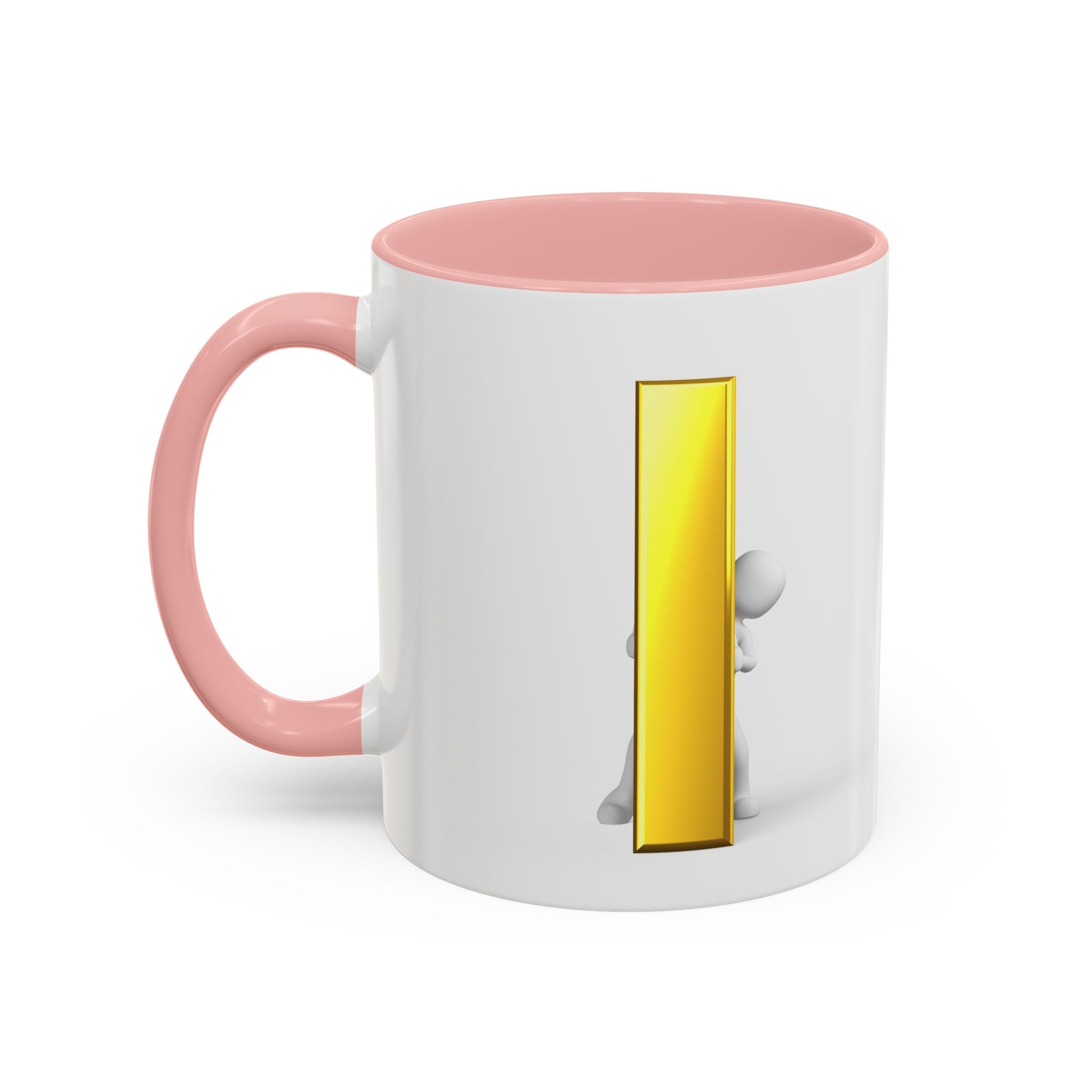 Mug en céramique avec bonhomme allumette jetant un coup d'œil derrière la lettre i dorée | Tasse à café avec anse et intérieur contrastants