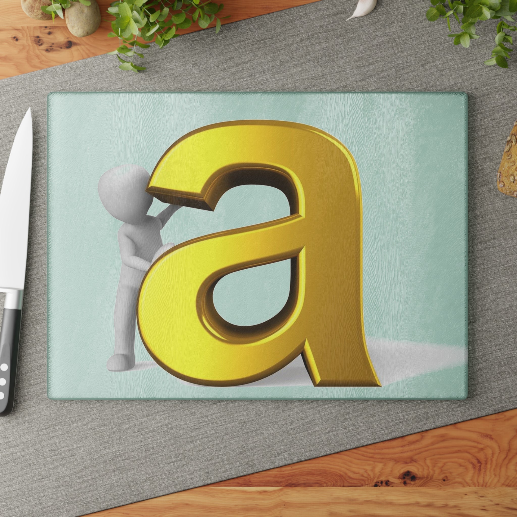 3D Gold Letter A with Figure Glass Cutting Board | Monogram Kitchen Decor
