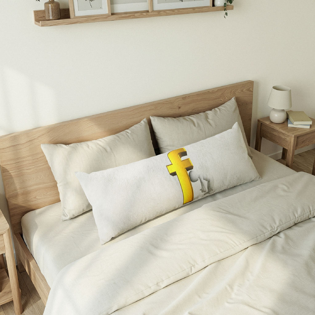 Stick Figure Peeking Around Gold Letter F Body Pillow | Novelty Typographic Pillow