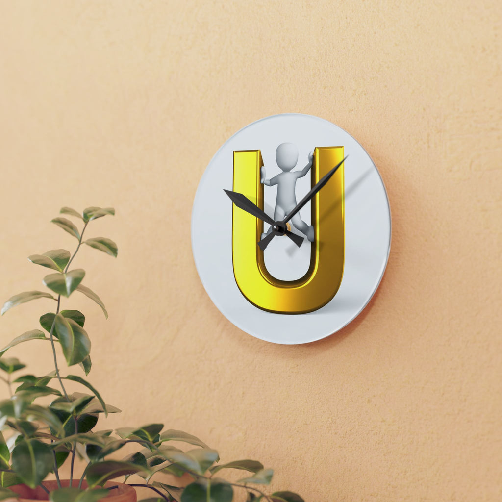 3D Gold Letter U with Figure Acrylic Wall Clock | Monogram Initial Home Décor