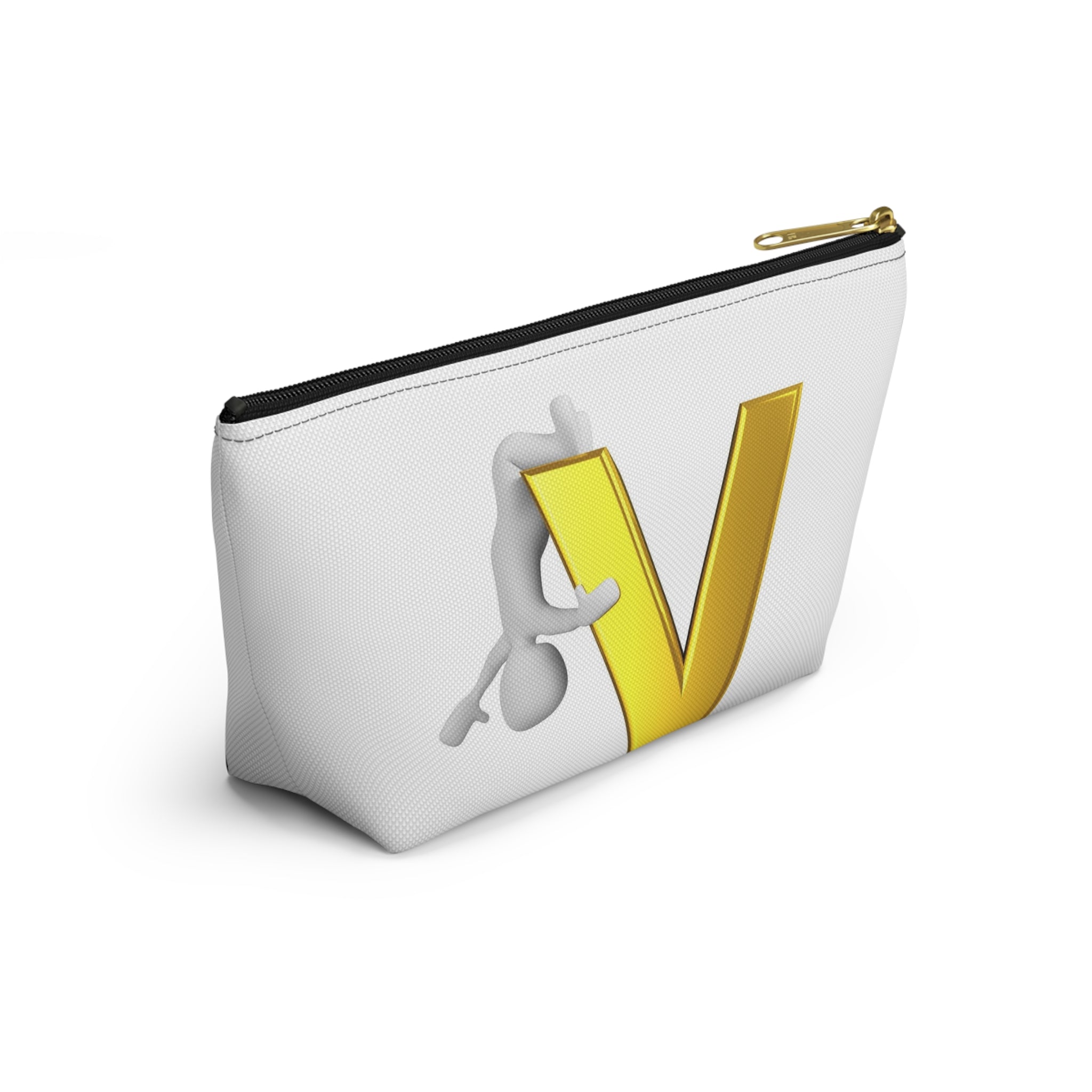 Gold Letter V with Hanging Stick Figure Accessory Pouch