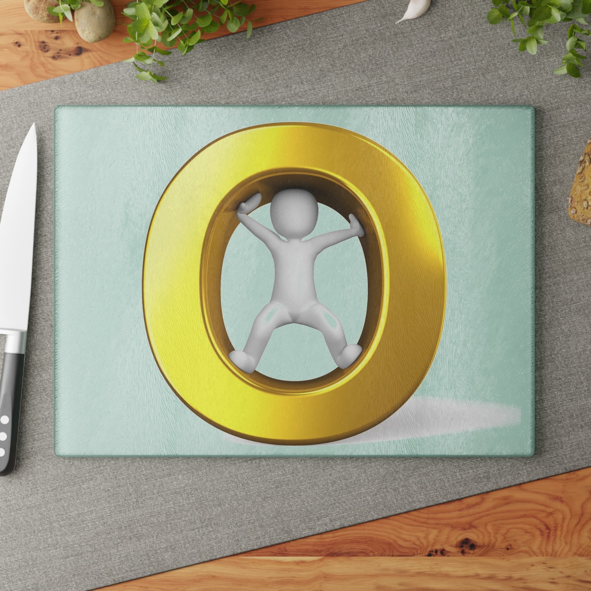 3D Stick Figure Pushing Gold O Letter Glass Cutting Board | Kitchen Art, Modern Decor