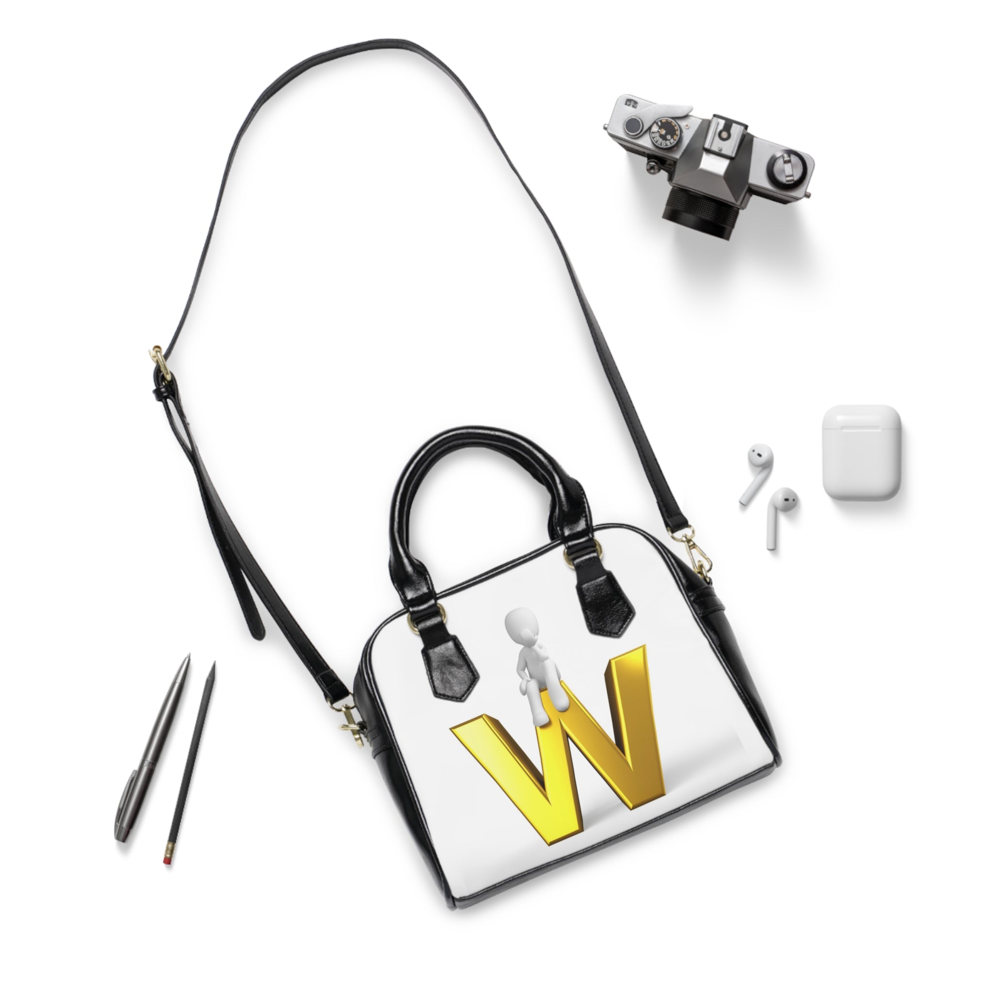 3D Figure Sitting on Gold Letter W Shoulder Handbag | Monogram Initial Purse