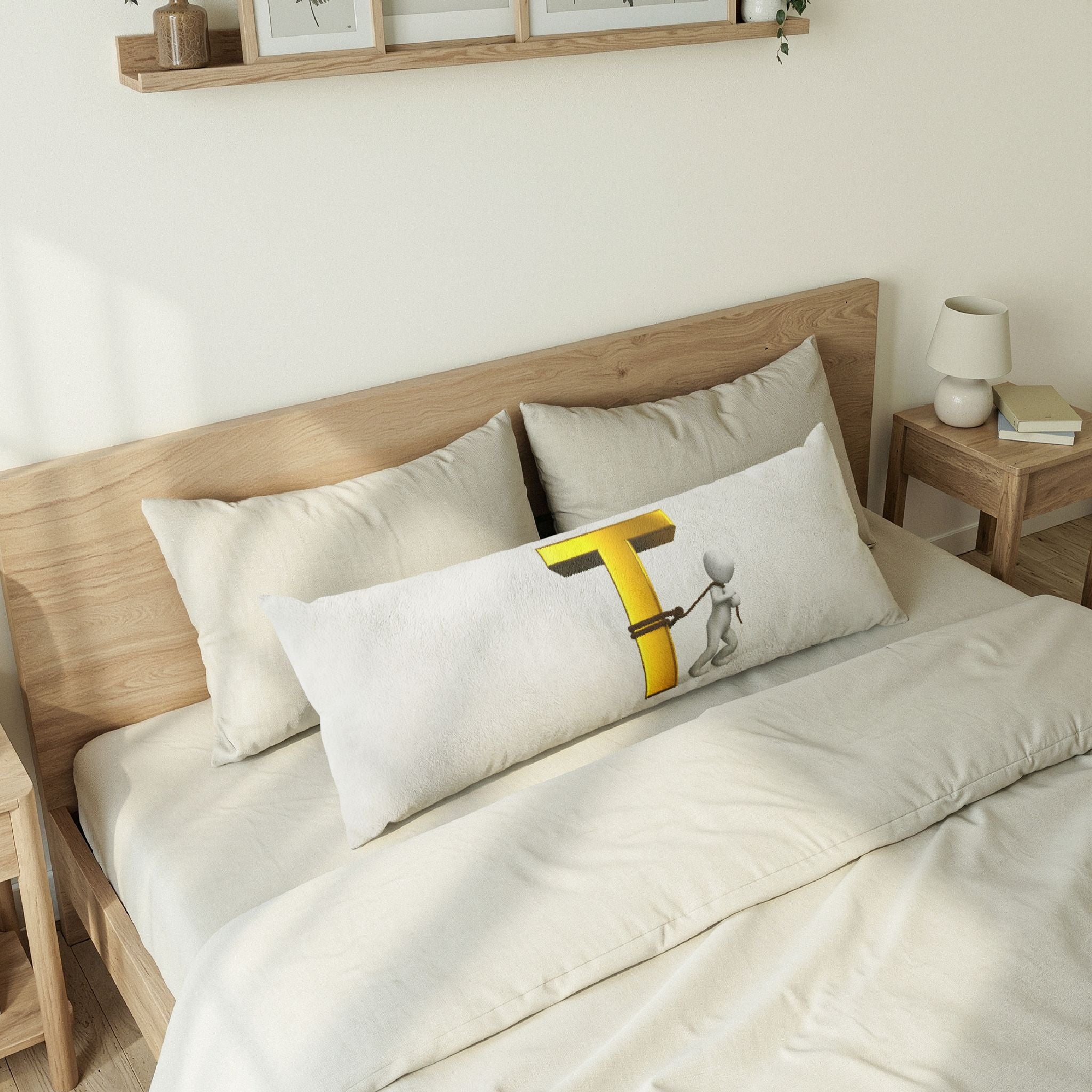 3D Stick Figure Tugging Gold Letter T Body Pillow | Alphabet Initial Décor