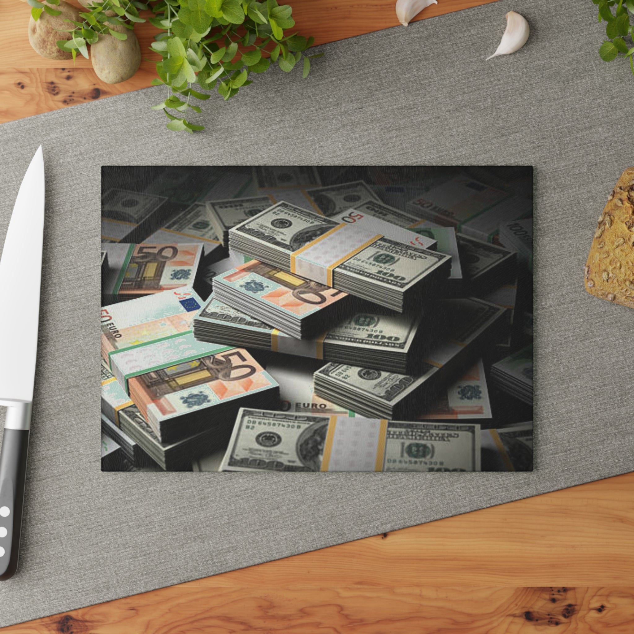 Stacks of Cash Glass Cutting Board | Money Print Kitchen Decor