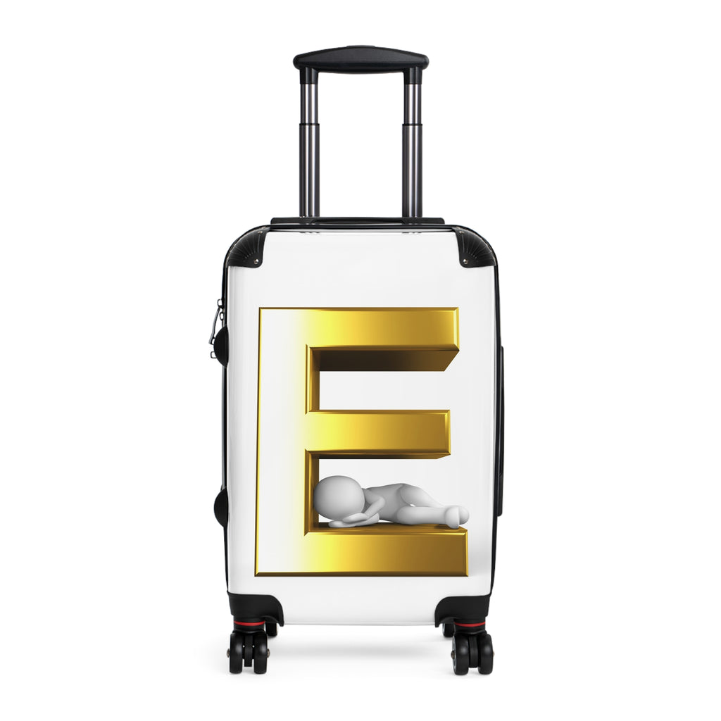 Gold 3D Letter E with Sleeping Figure Suitcase | Personalized Monogram Luggage