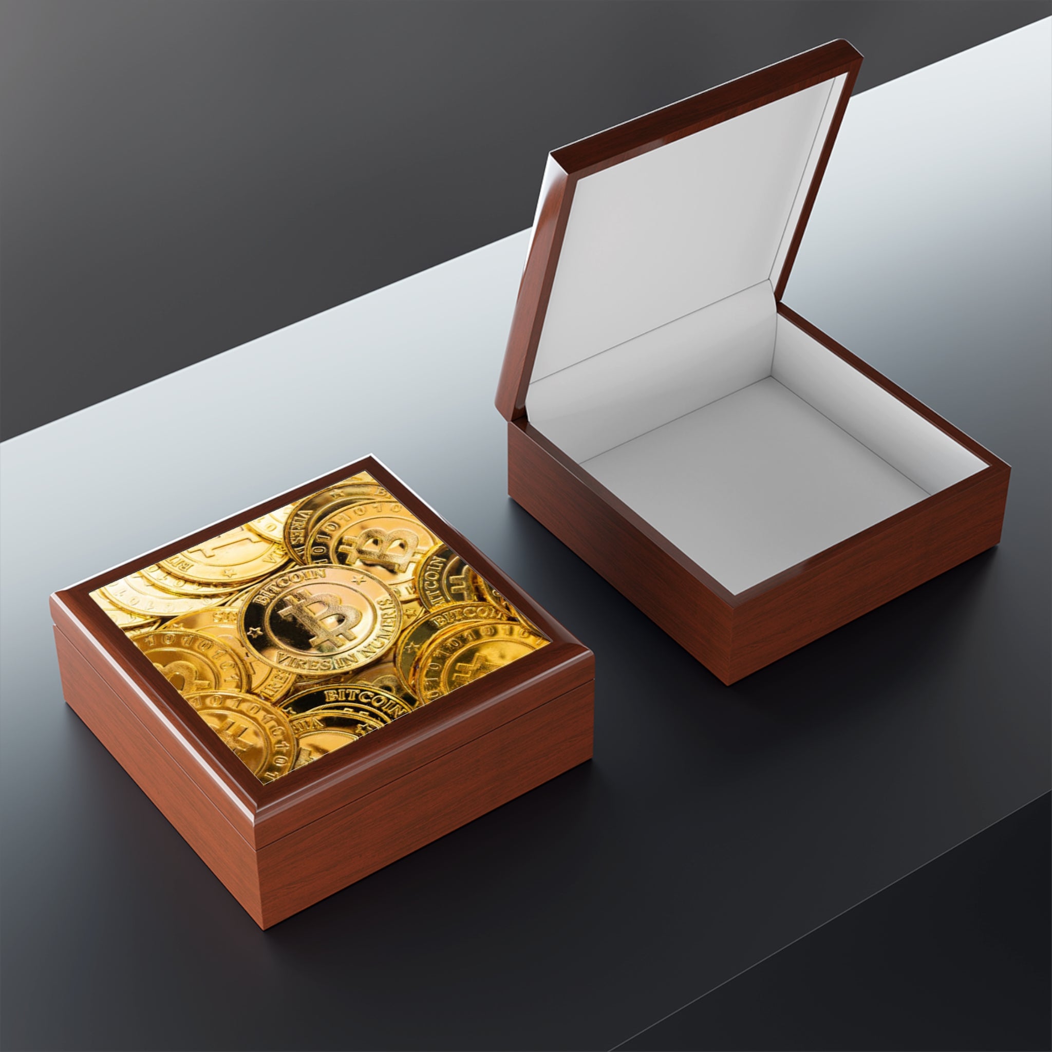 Bitcoin Coin Pattern Jewelry Box | Cryptocurrency Luxe Coin Design