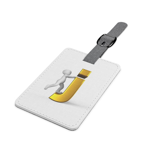 Étiquette à Bagage Rectangulaire en Forme de Bonhomme Allumette 3D Poussant la Lettre J Dorée