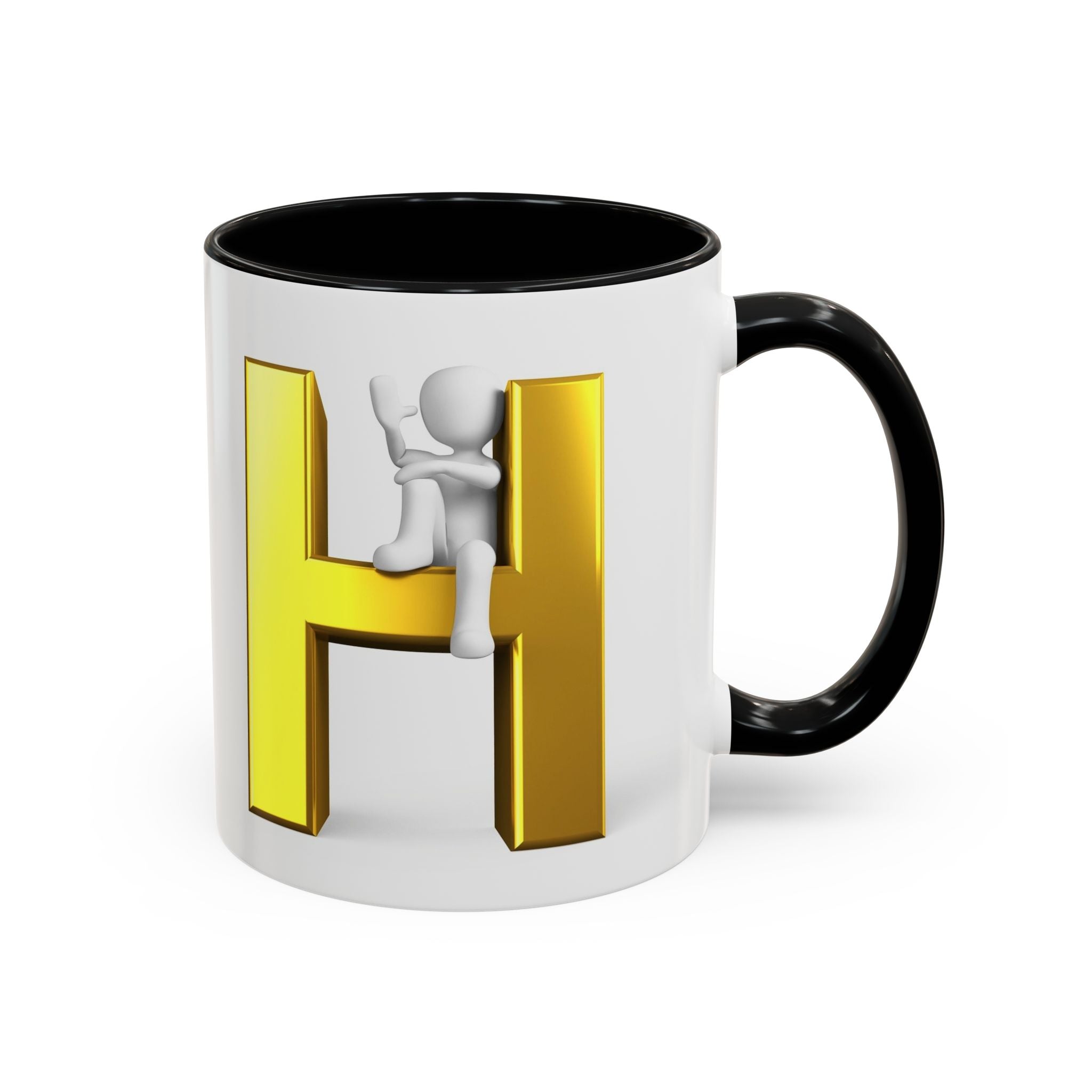 Mug en céramique avec bonhomme allumette 3D accroché à la lettre H dorée | Mug à anse de couleur