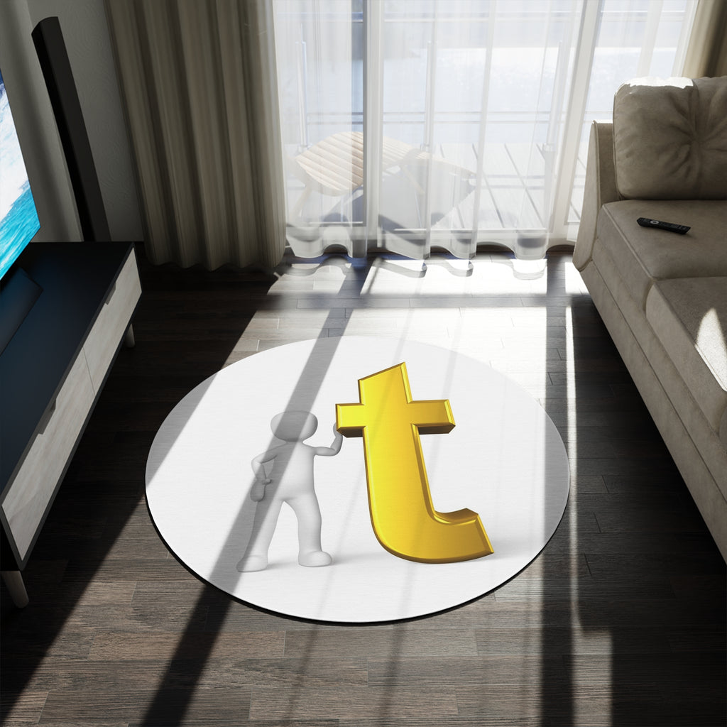 3D Stick Figure with Gold T Letter Round Rug | Typograph Home Decor