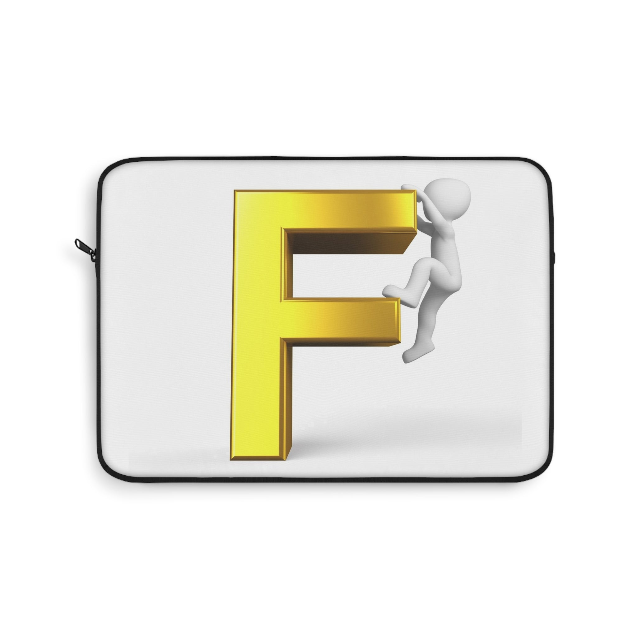 Housse d'ordinateur portable en or avec lettre F et bonhomme allumette qui grimpe | Monogramme initiale F