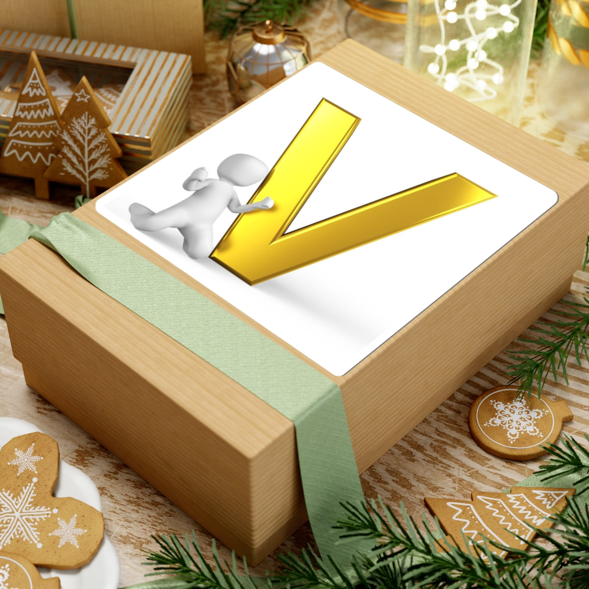 Gold Letter V with 3D Character Sticker, Kiss-Cut Sticker | Monogram Initial Decal