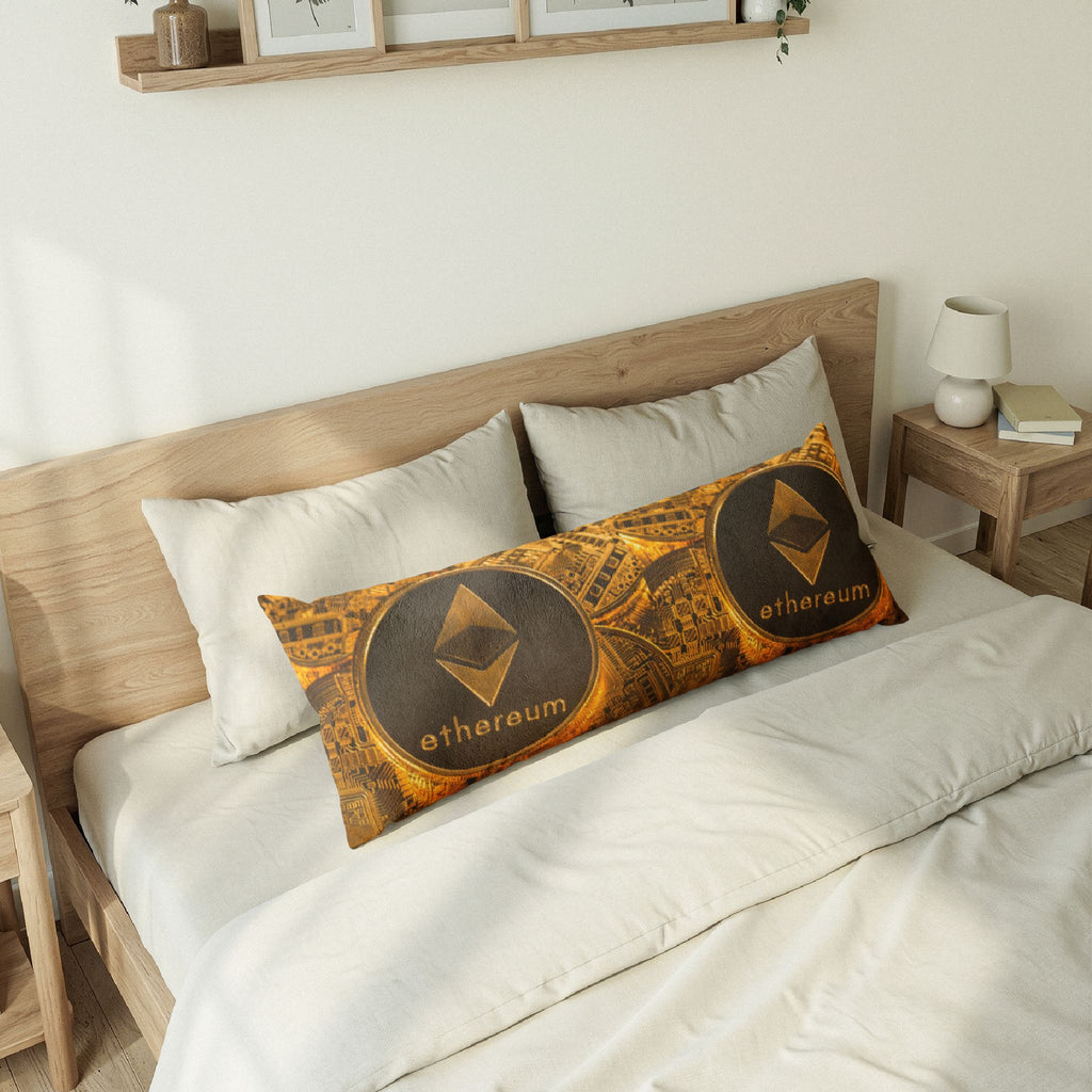 Ethereum Crypto Coin Body Pillow | Digital Currency Decor, Gold Circuit Design