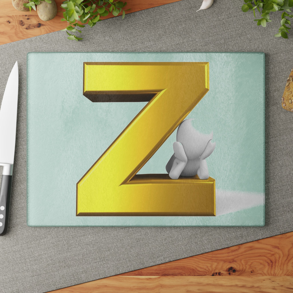 Gold 3D Letter Z with Cute Character Glass Cutting Board | Monogram Kitchen Decor
