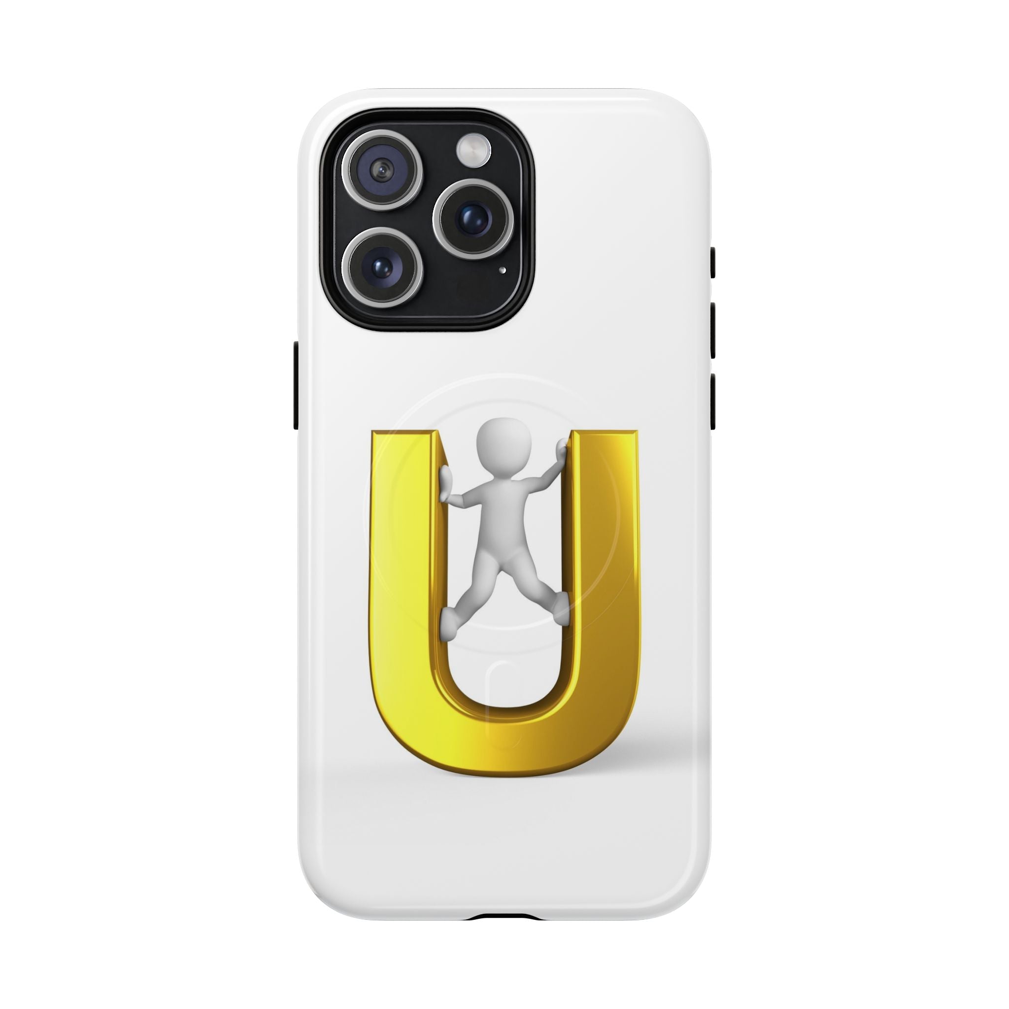 Coque de téléphone en 3D Dorée Lettre U avec Bonhomme Allumette | Coque Magnétique Robuste