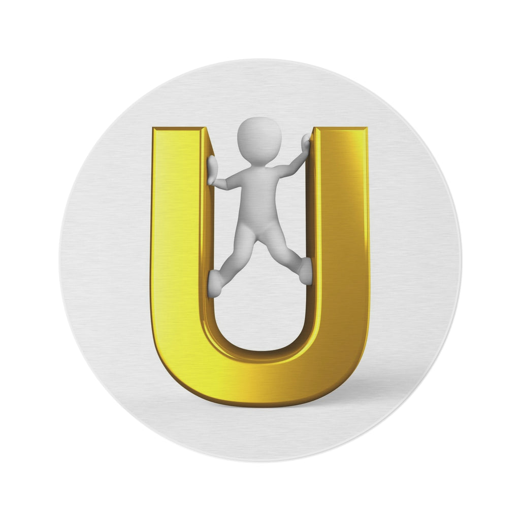 Golden U Letter with Climbing Figure Round Rug | Alphabet Initial Decor