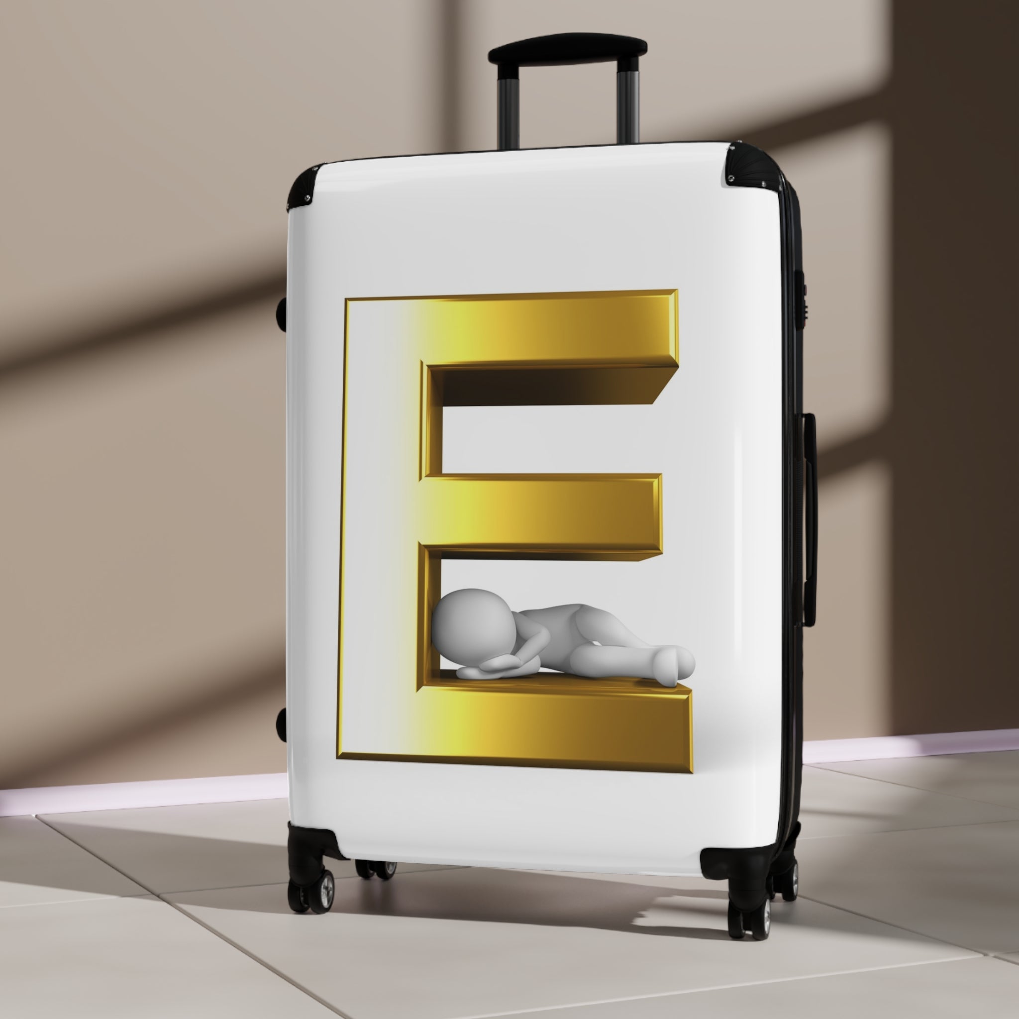 Gold 3D Letter E with Sleeping Figure Suitcase | Personalized Monogram Luggage