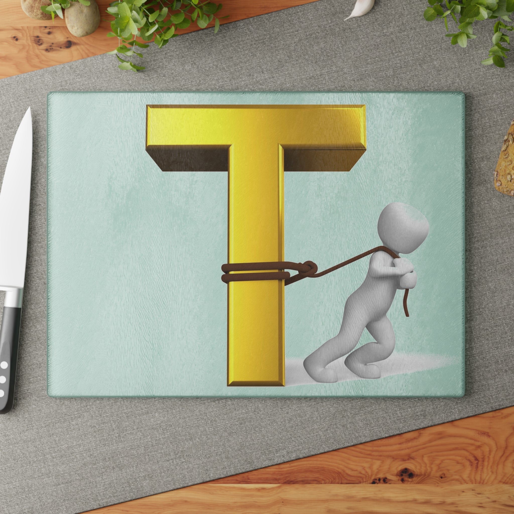 Gold Letter T with Figure Glass Cutting Board | Monogram Initial Kitchen Decor