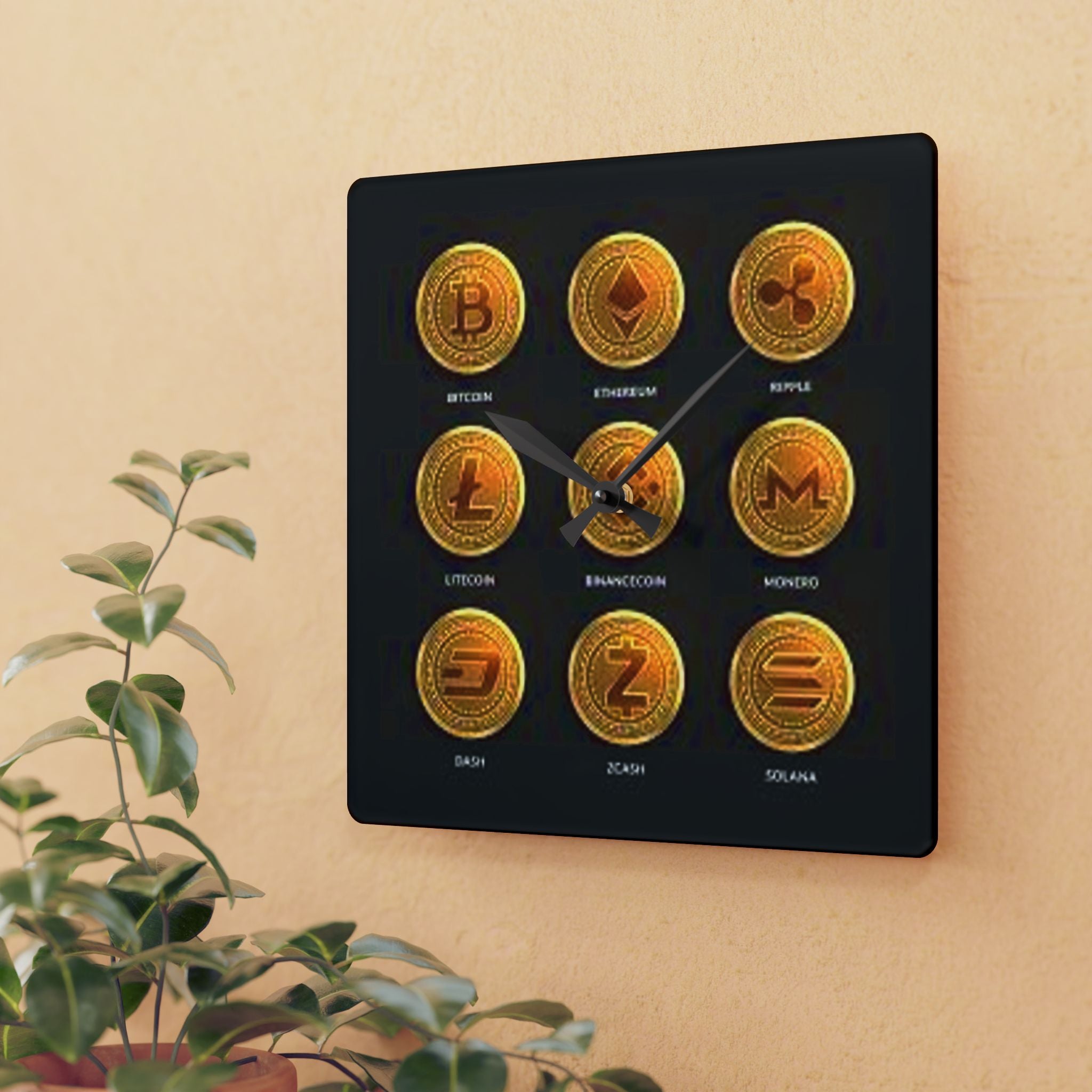 Cryptocurrency Coin Icons Acrylic Wall Clock | Bitcoin Ethereum Ripple Litecoin Monero