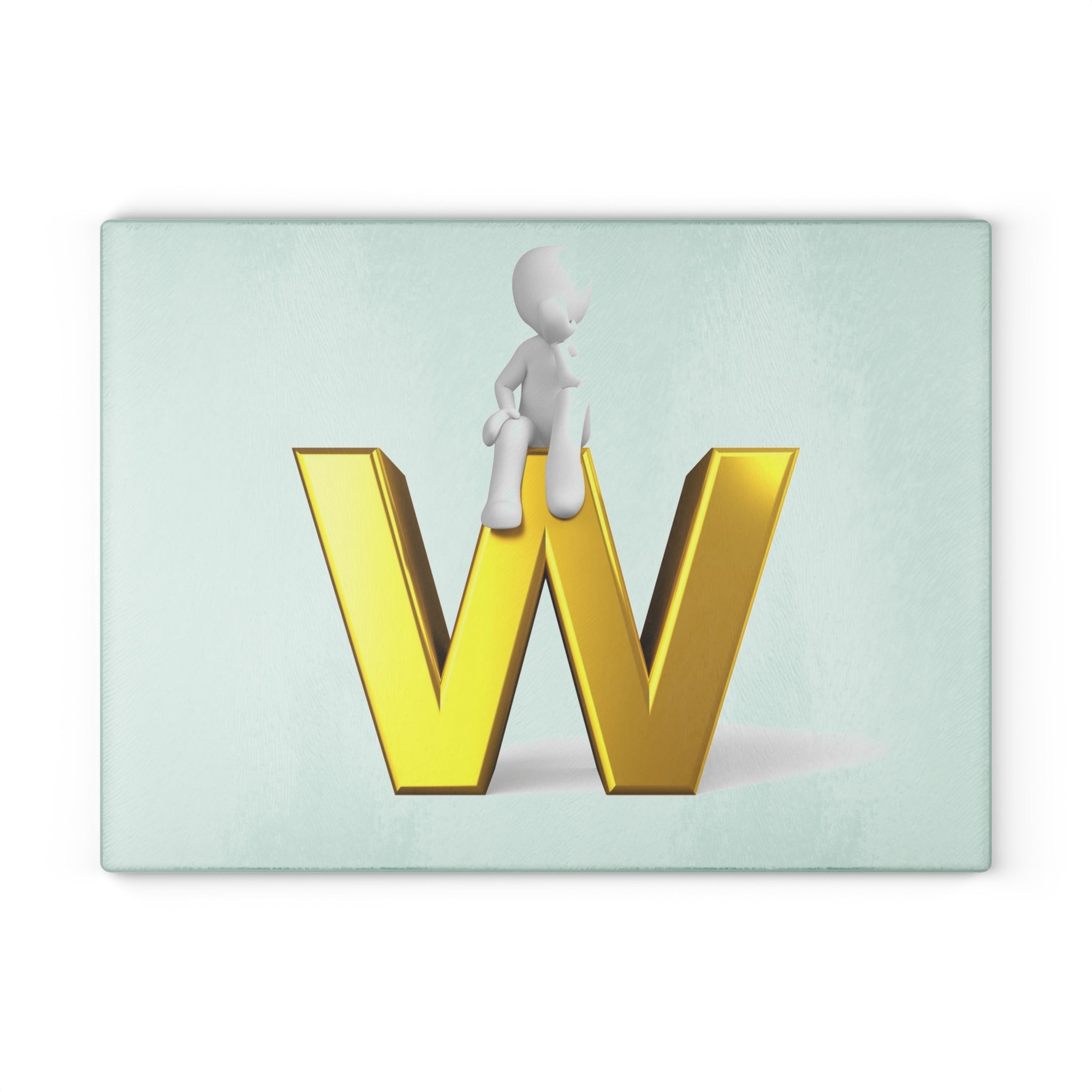 Gold Letter W with Sitting Character Glass Cutting Board | Monogram Kitchen Decor