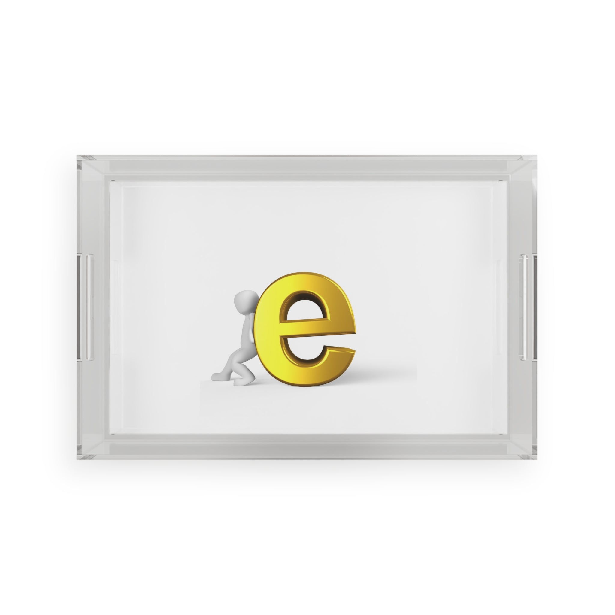 3D Stick Figure Pushing Gold Letter e Acrylic Serving Tray | Modern Monogram Decor