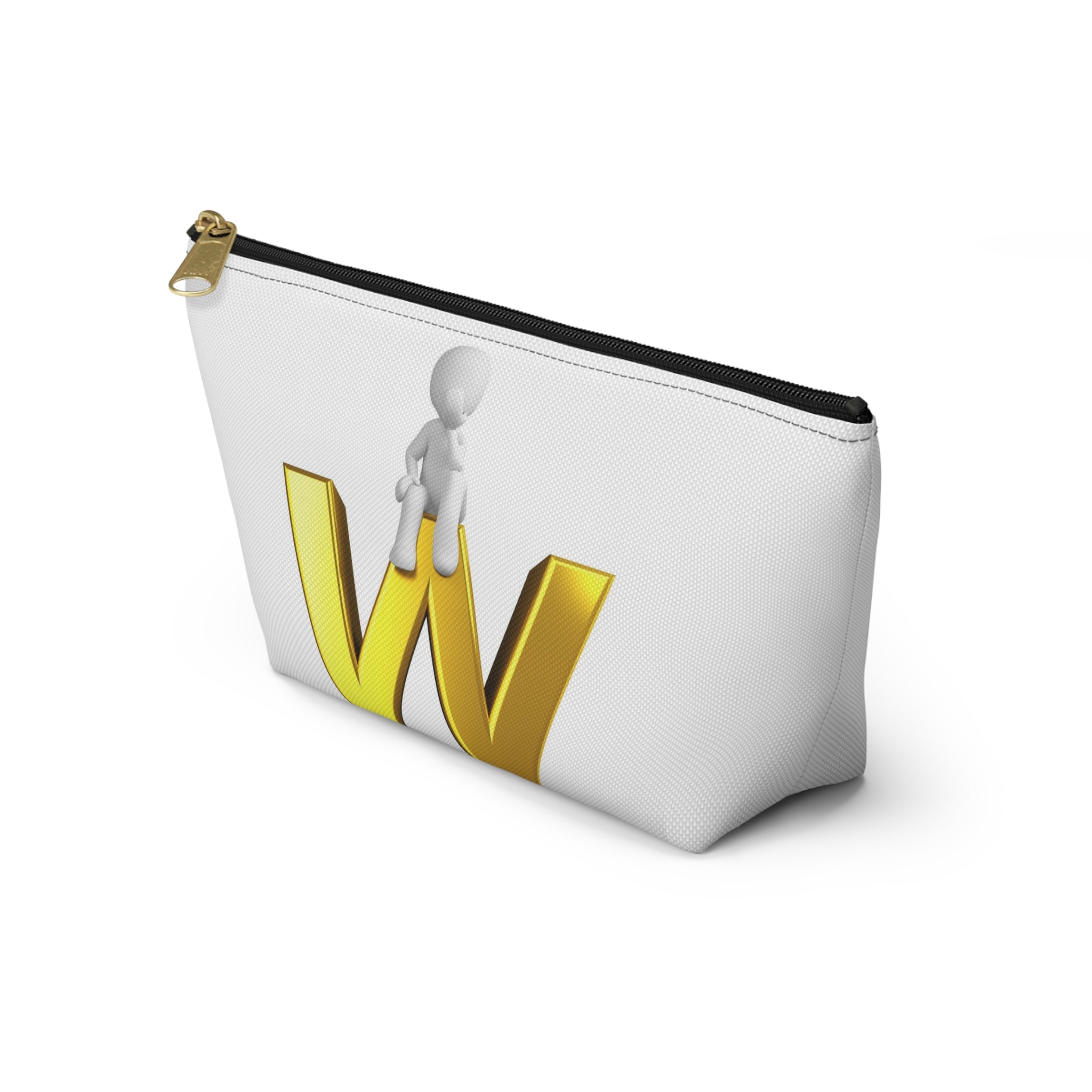 Gold Letter W with Sitting Figure Accessory Pouch | Initial Makeup Bag