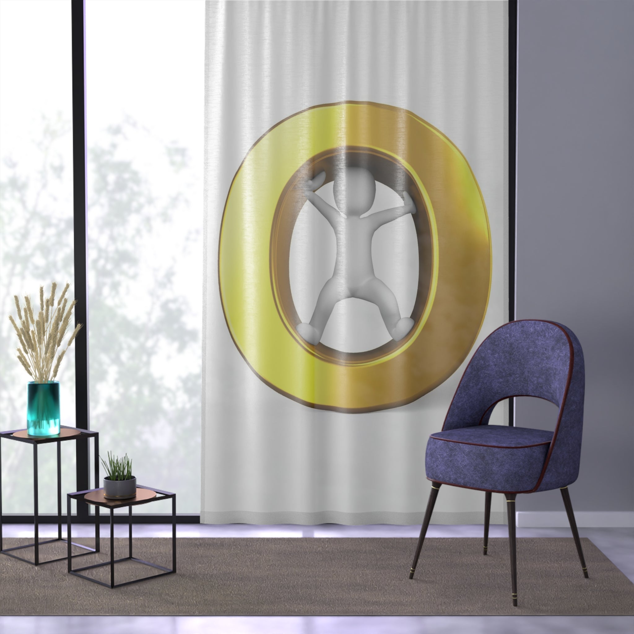 3D Figure Inside Gold Letter O Window Curtain | Modern Abstract Sheer Panel