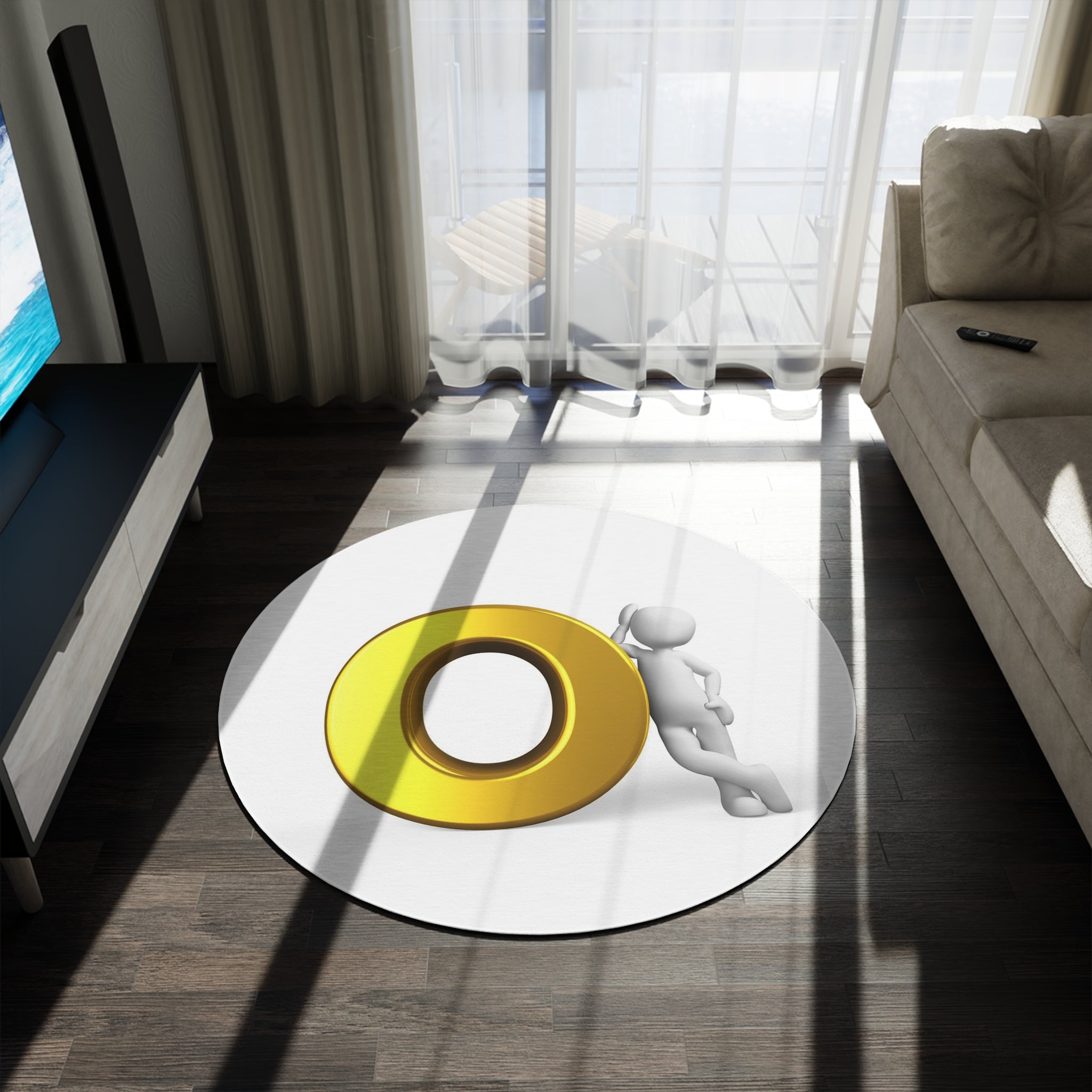 3D Gold Letter O with Leaning Figure Round Rug | Alphabet Monogram Home Decor