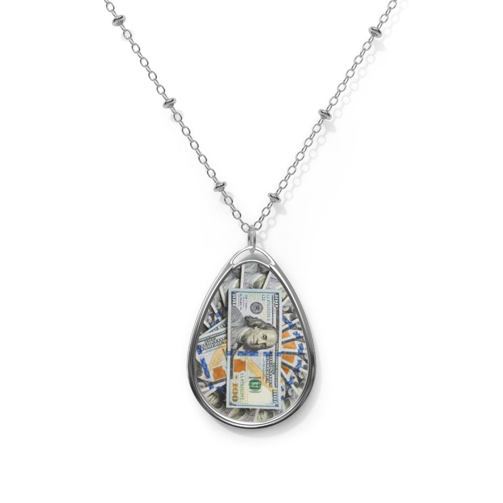 Money Print Oval Pendant Necklace — Teardrop Floral Cash Locket Jewelry