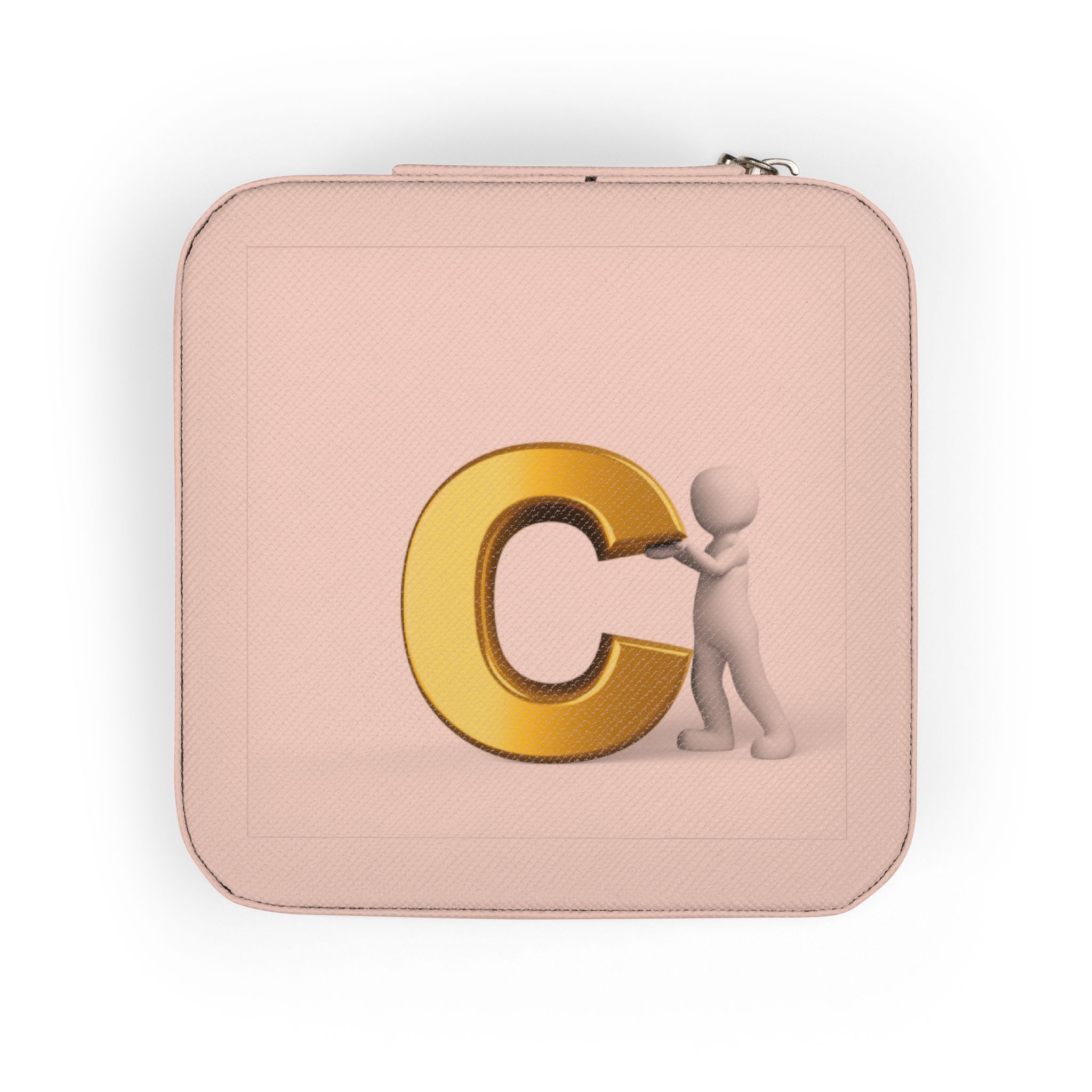 Gold Letter C Initial Jewelry Travel Case | Pink Compact Organizer