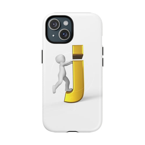 Coque de téléphone 3D Bonhomme allumette Poussant la lettre J dorée | Coque magnétique robuste