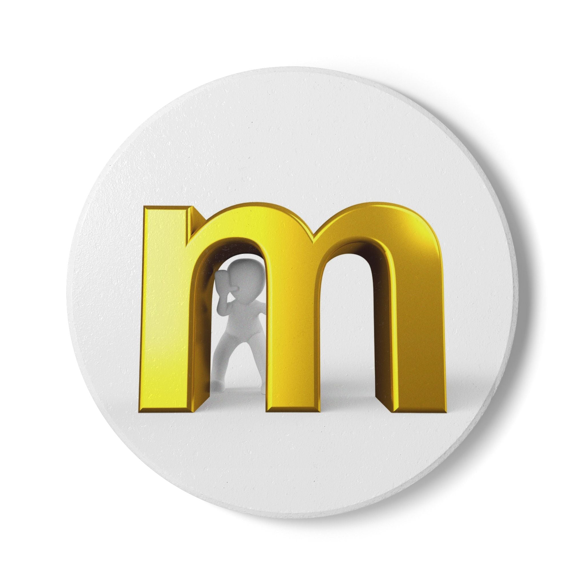 Gold Letter M with Tiny Person Ceramic Coaster | Round Cork Back