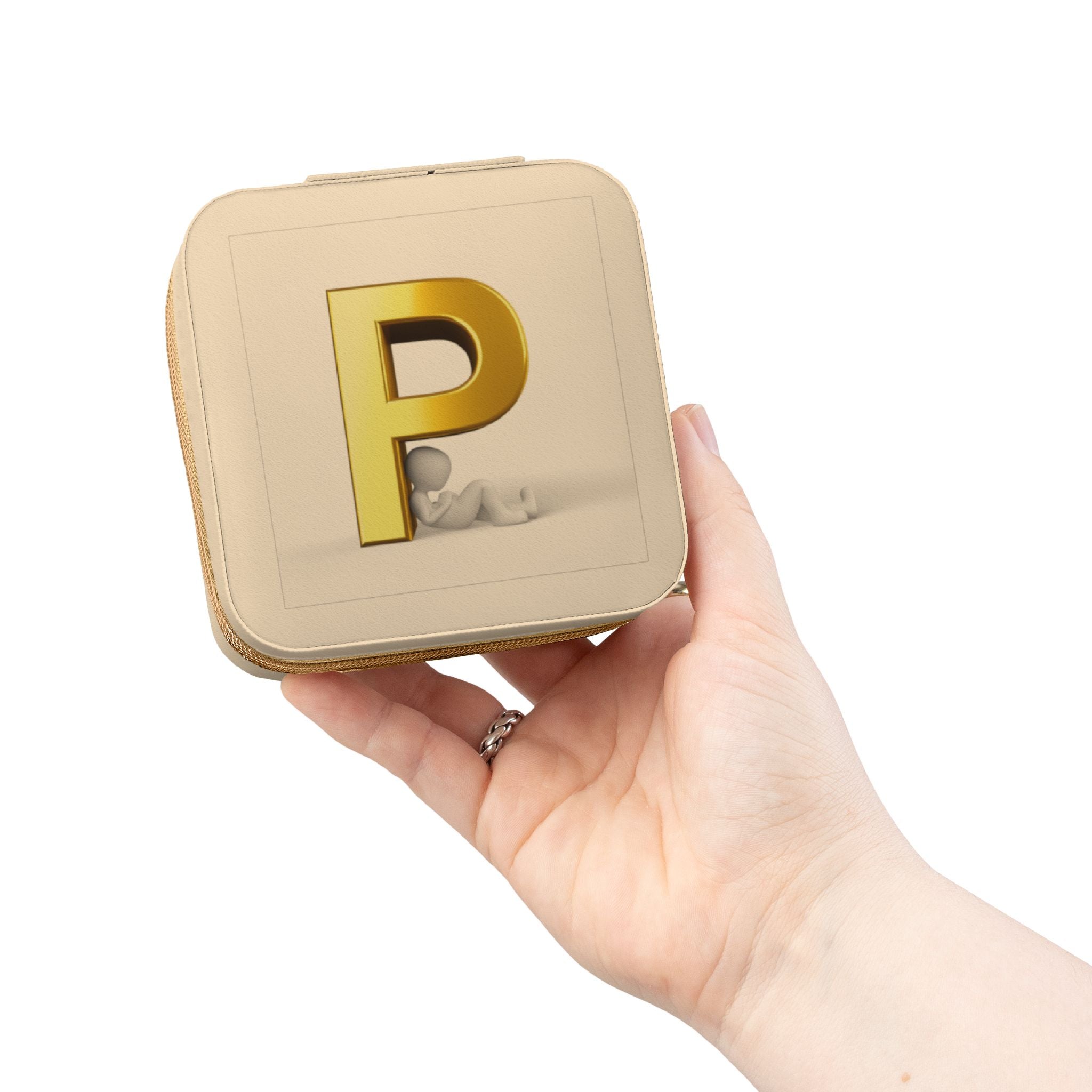 Étui de voyage carré rose compact pour bijoux avec monogramme lettre P dorée