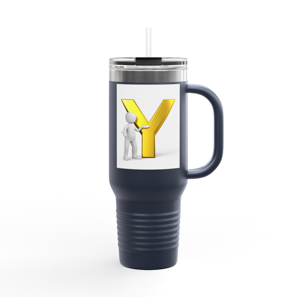 Yellow 3D Letter Y with Figure Travel Mug