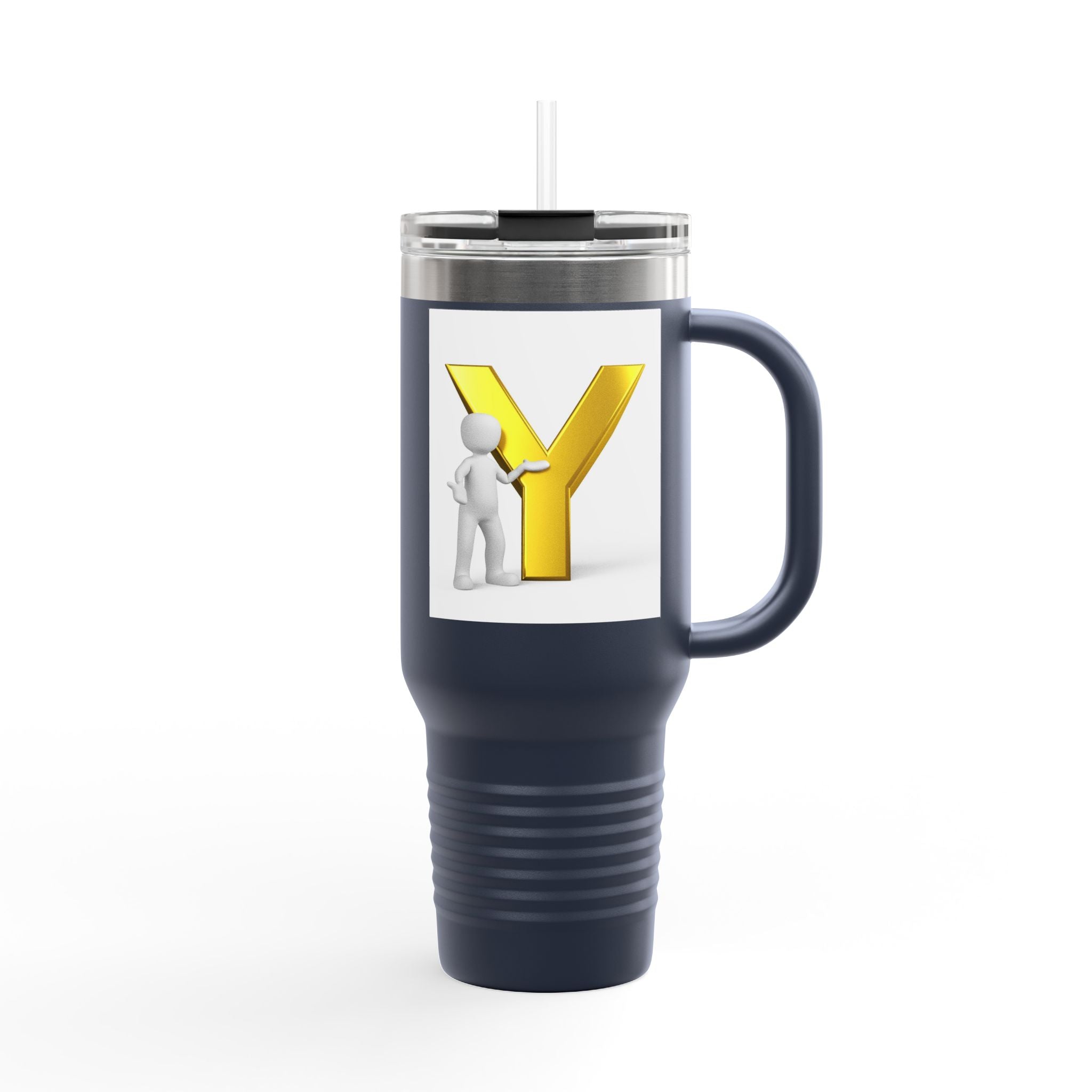 Yellow 3D Letter Y with Figure Travel Mug