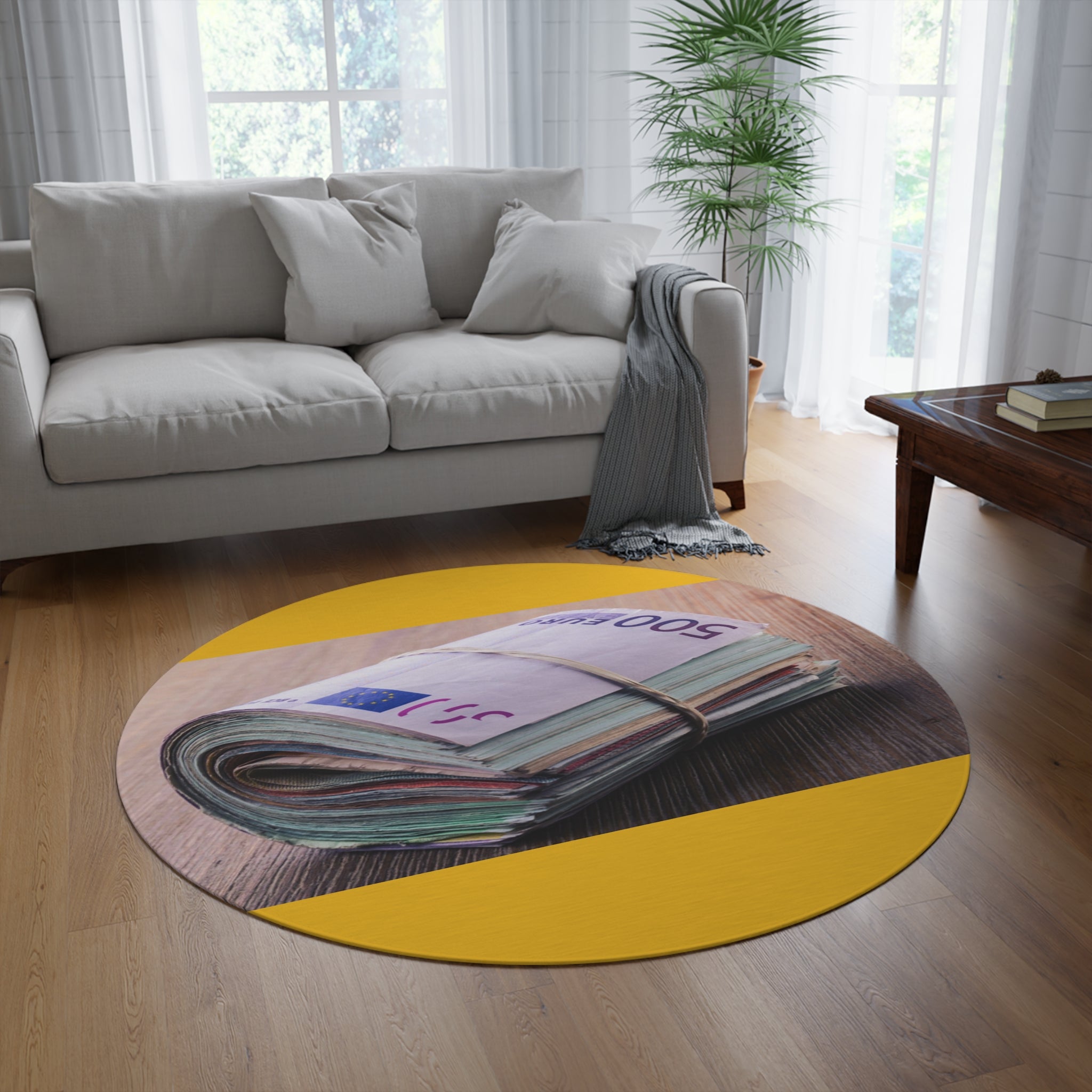 Rolled Euro Banknotes Round Rug | Money Stack Decorative Floor Mat