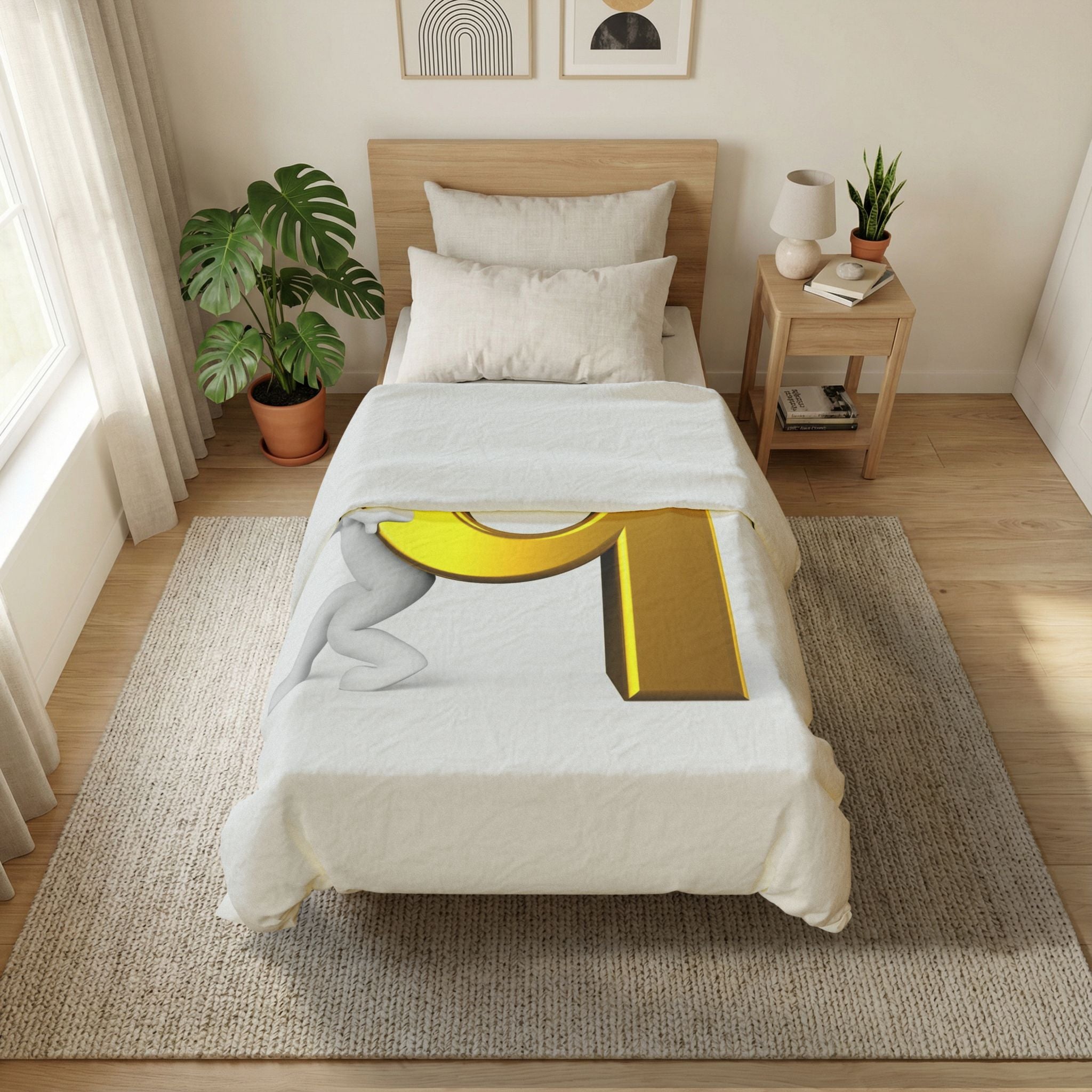3D Gold Letter Q with Figure Cotton Duvet Cover | Alphabet Bedding