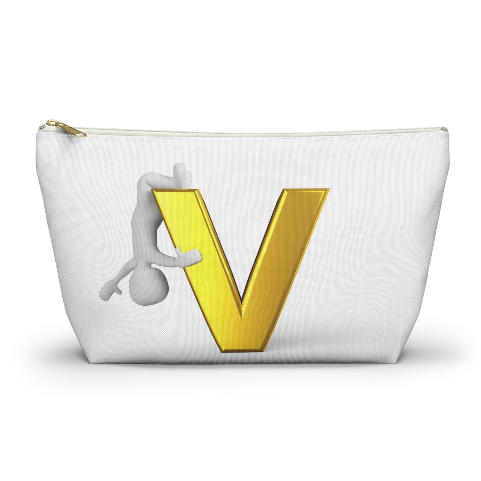 Gold Letter V with Hanging Stick Figure Accessory Pouch