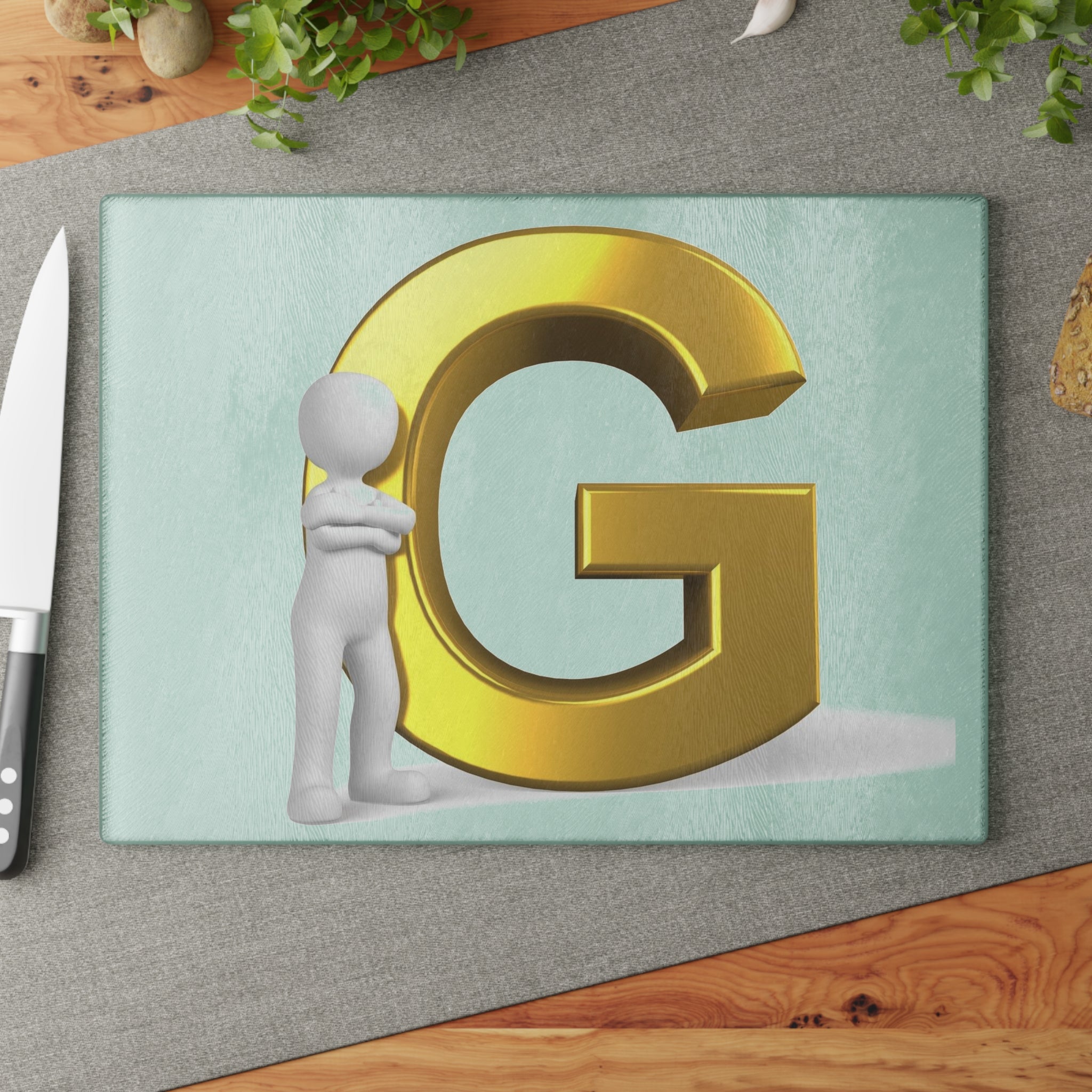 Gold Letter G with 3D Figure Glass Cutting Board | Monogram Initial Kitchen