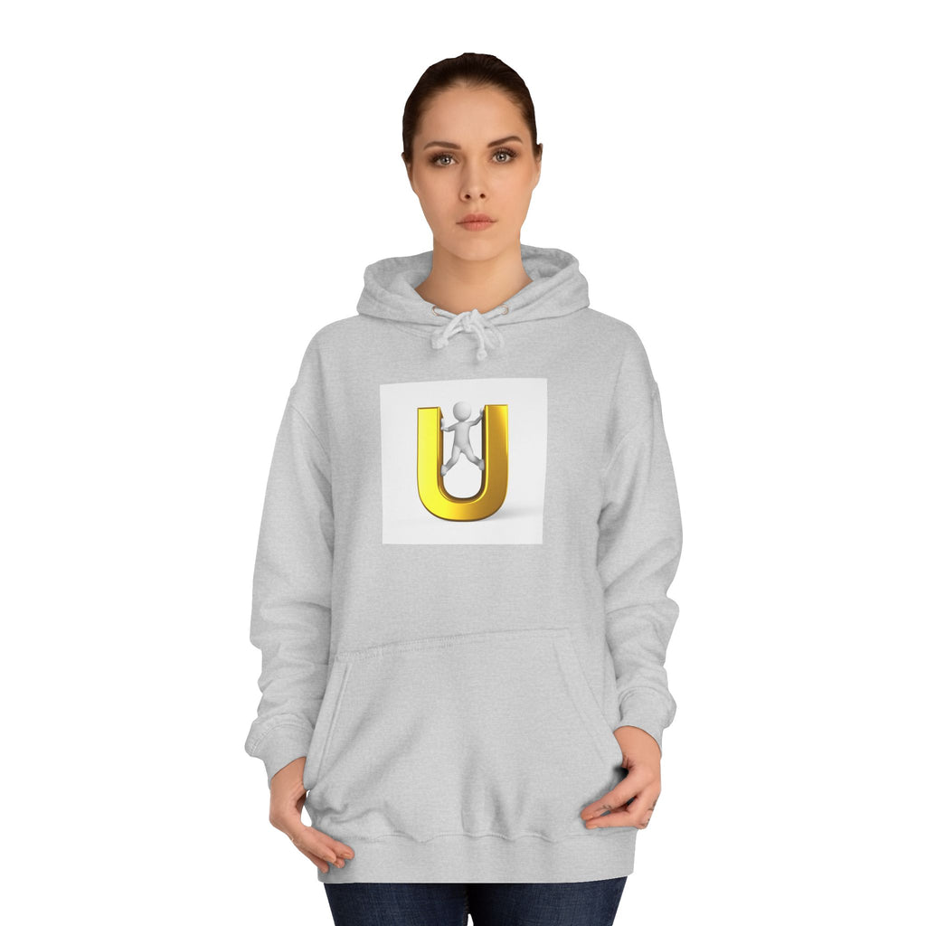 3D Gold Letter U Hoodie | Stick Figure Climbing Typography Sweatshirt