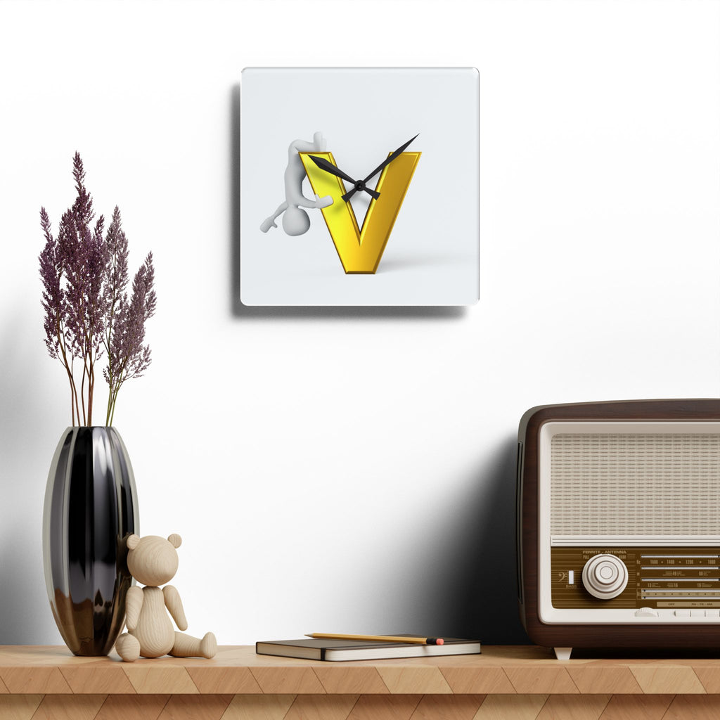 3D Gold Letter V with Figure acrylic wall clock | modern initial decor
