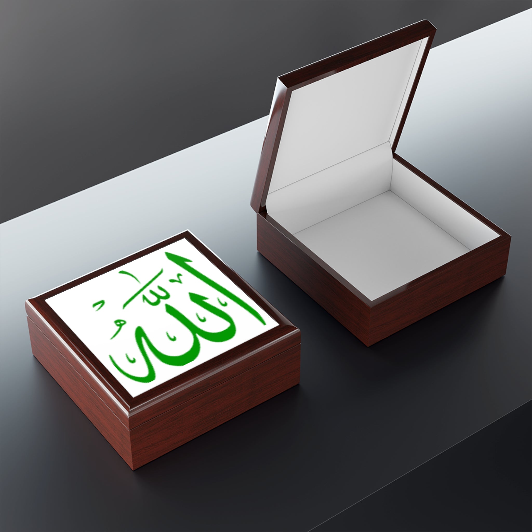 Green Arabic Calligraphy Allah Jewelry Box | Islamic Decorative Keepsake