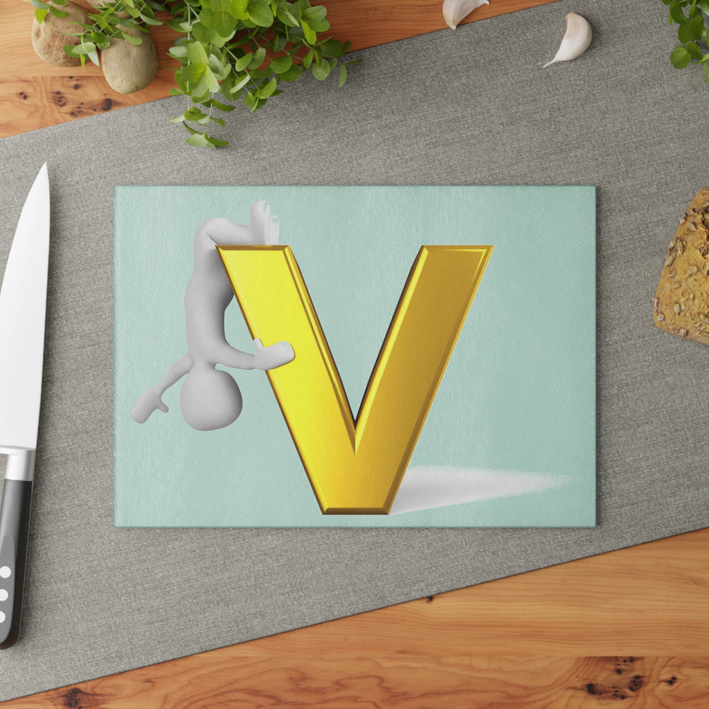 Gold Letter V with Hanging Figure Glass Cutting Board | Monogram Initial V