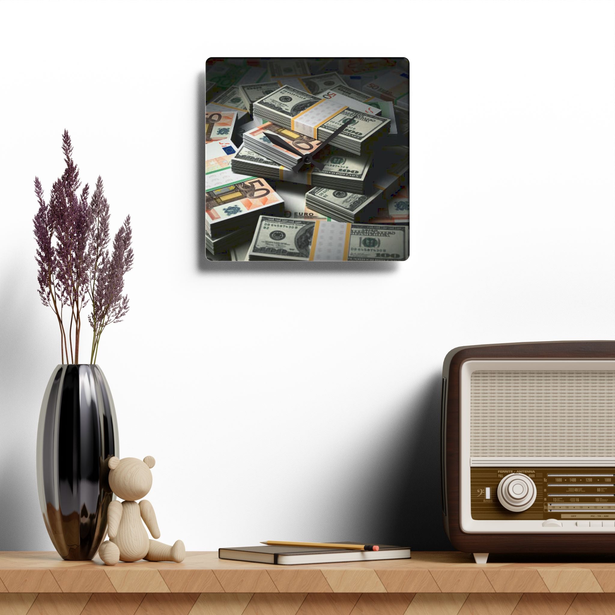 Stacks of Cash Acrylic Wall Clock | Money Stack Clock, Finance Decor