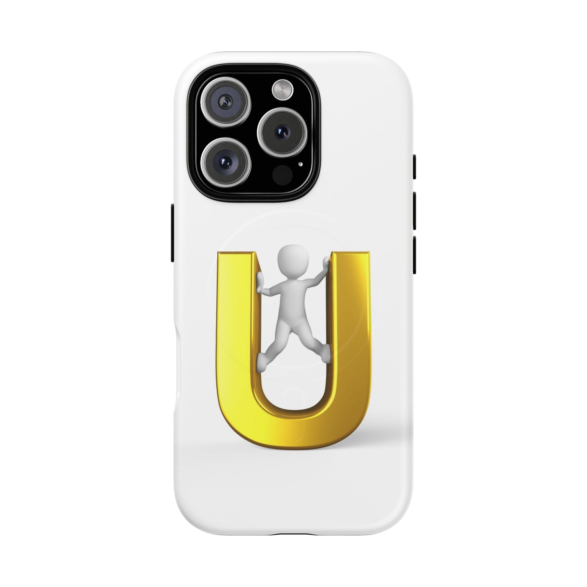 Coque de téléphone en 3D Dorée Lettre U avec Bonhomme Allumette | Coque Magnétique Robuste