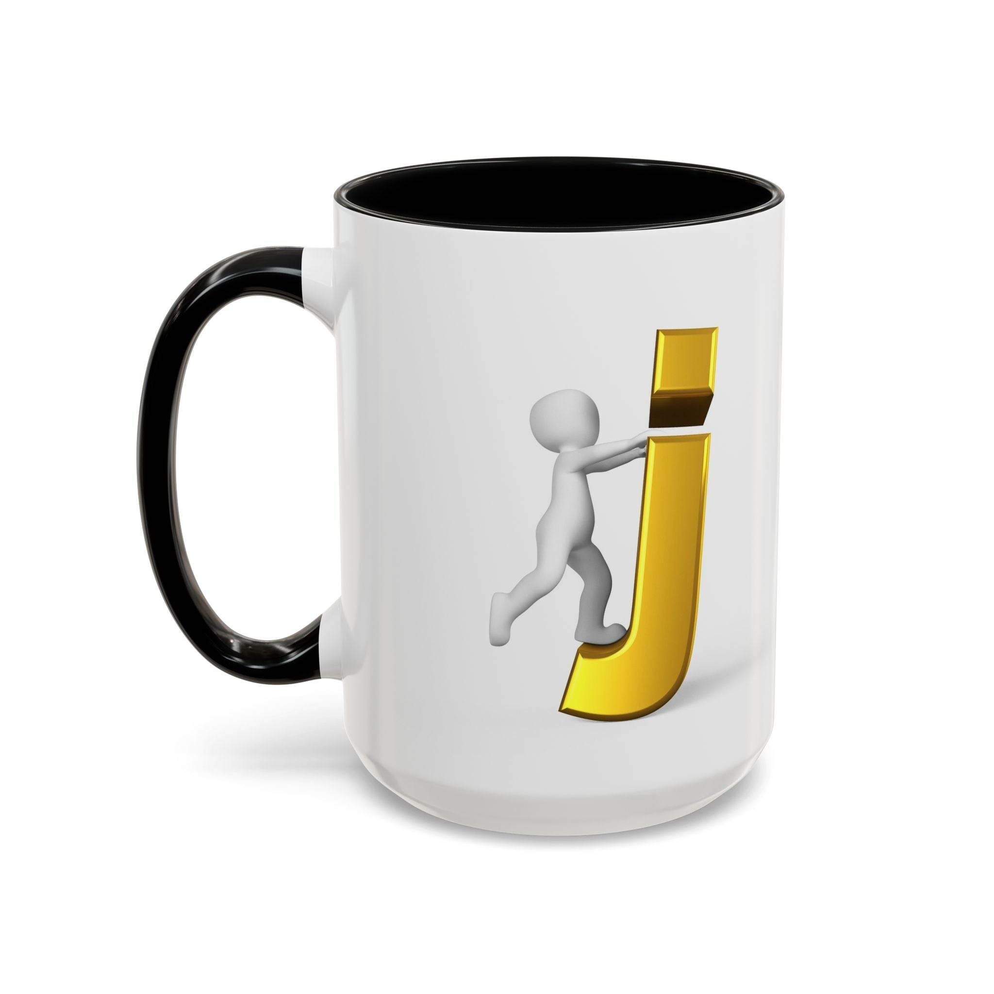 Tasse avec figurine 3D bâton poussant la lettre J dorée | Tasse à café