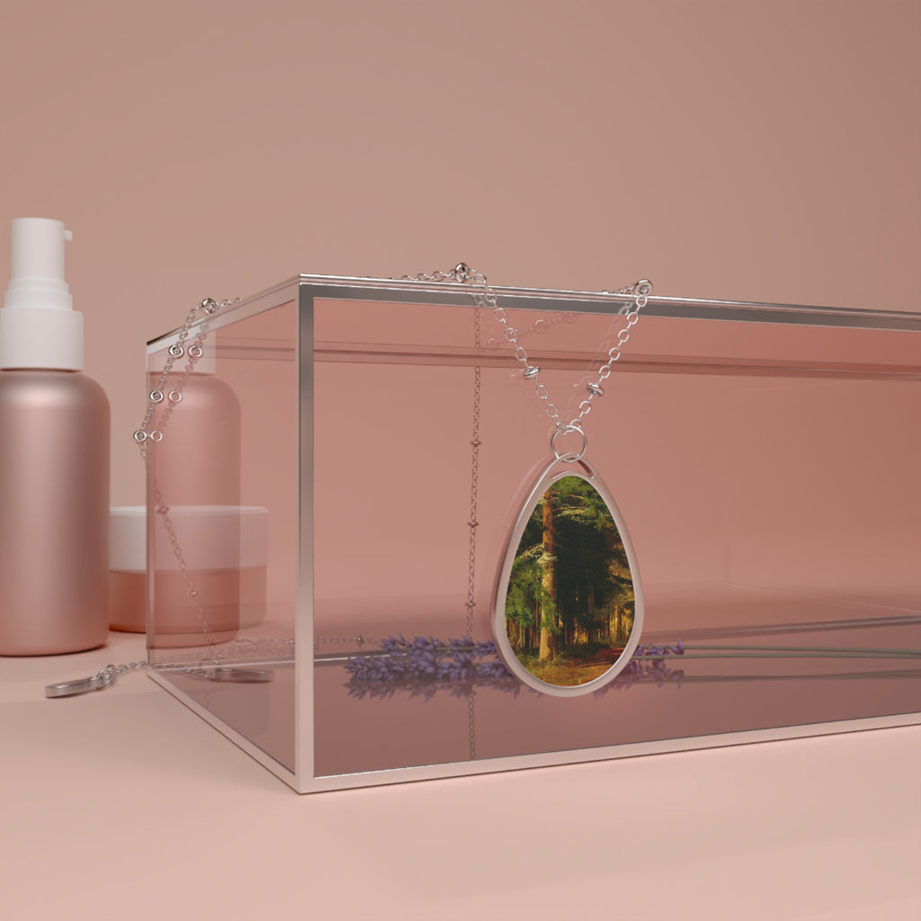 Oval Pendant Necklace — Forest Landscape Teardrop Locket