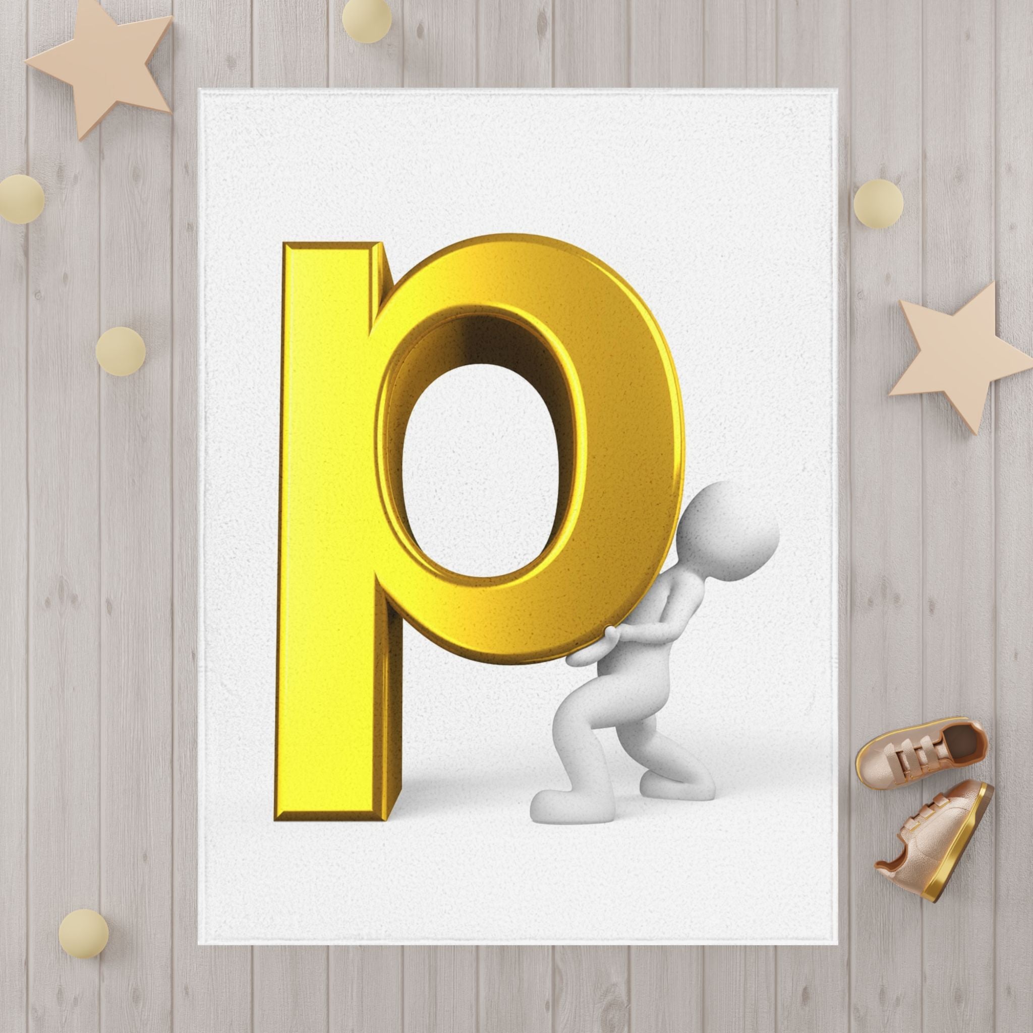 Gold Letter P Alphabet Design Toddler Blanket | Cute 3D Character Playroom Decor